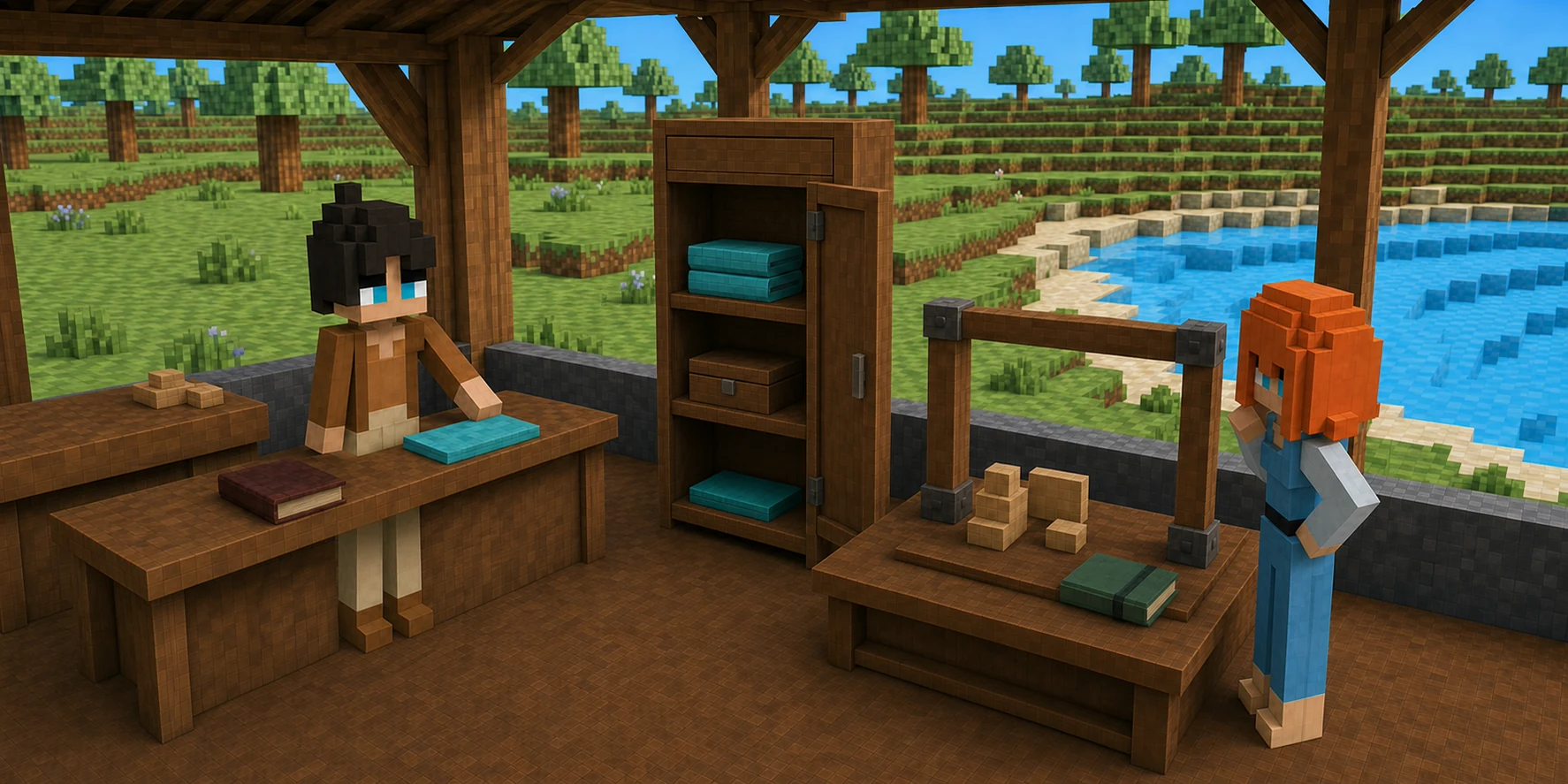 Generated voxel riverside workshop with the canonical boy beside a creation counter, separate cyan packages in a browser cabinet, an empty assembly frame, and the canonical girl observing the handoff.