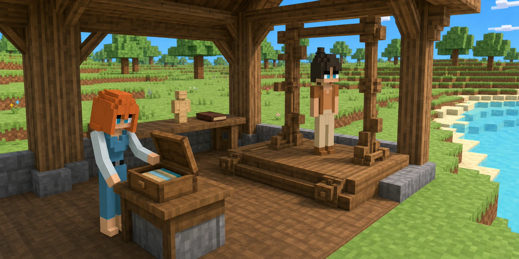 Generated voxel riverside workshop where the canonical girl opens a small code chest while the canonical boy stands on a separate wooden model assembly platform.