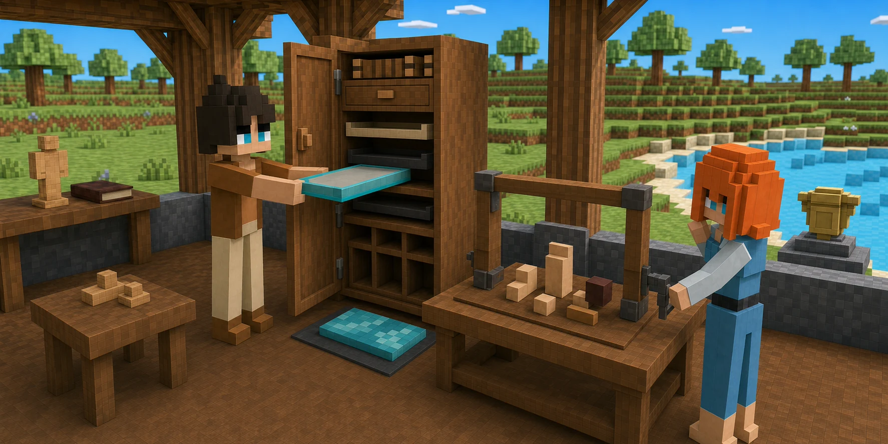 Generated voxel workshop where the canonical boy removes a flat cyan storage plate from a cabinet while the canonical girl inspects separate body parts and a frame on an assembly table.