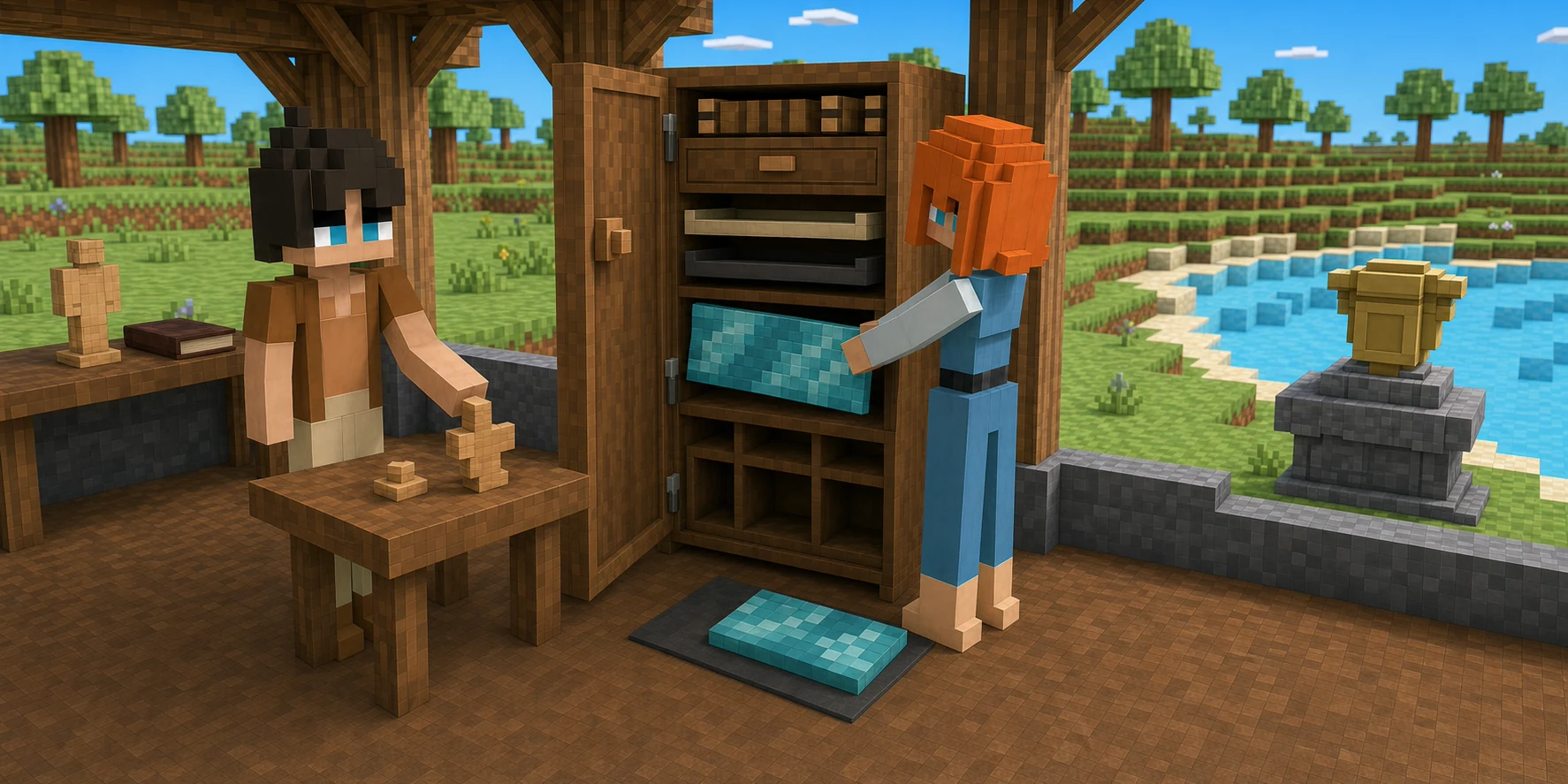Generated voxel workshop where the canonical girl replaces a cyan cabinet panel, empty trays sit below, the canonical boy handles small identity pieces, and a separate treasury pedestal stands outside.