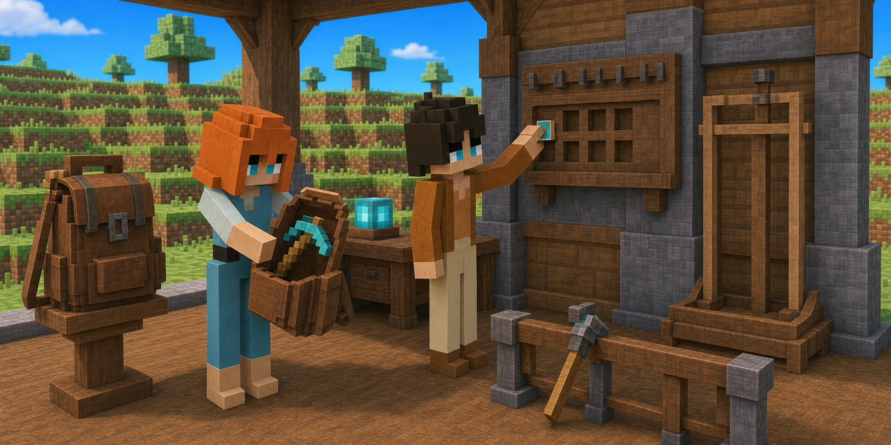 Generated equipment workshop showing the source moment before a forged pickaxe moves from the girl's open Backpack into a custody rack while the boy prepares a cyan Profile identity marker.