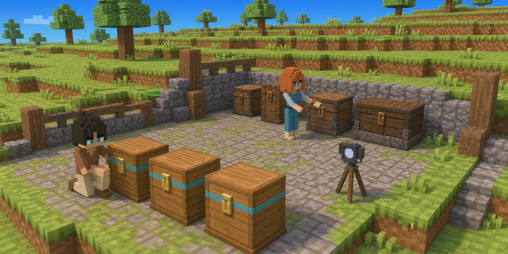 Generated archive courtyard based on the Chunk.js hillside: the canonical villagers inspect clean and weathered chests beside a survey tripod.