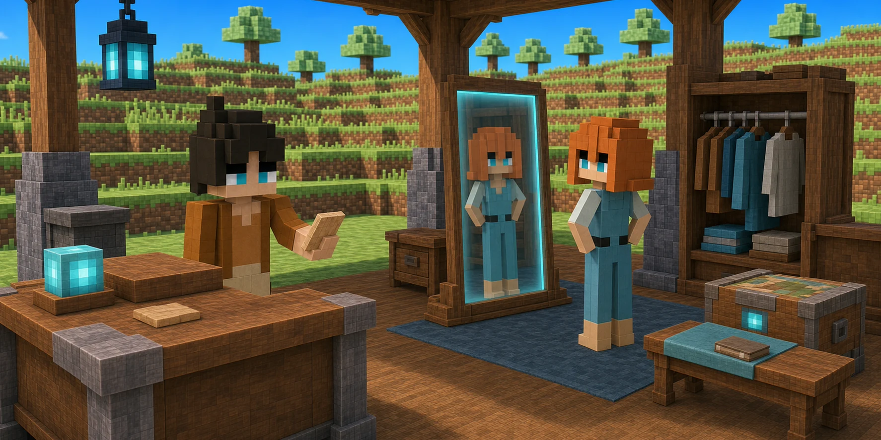 Generated identity stall: the canonical girl faces a lit mirror and wardrobe while the canonical boy holds a blank token at a separate counter.
