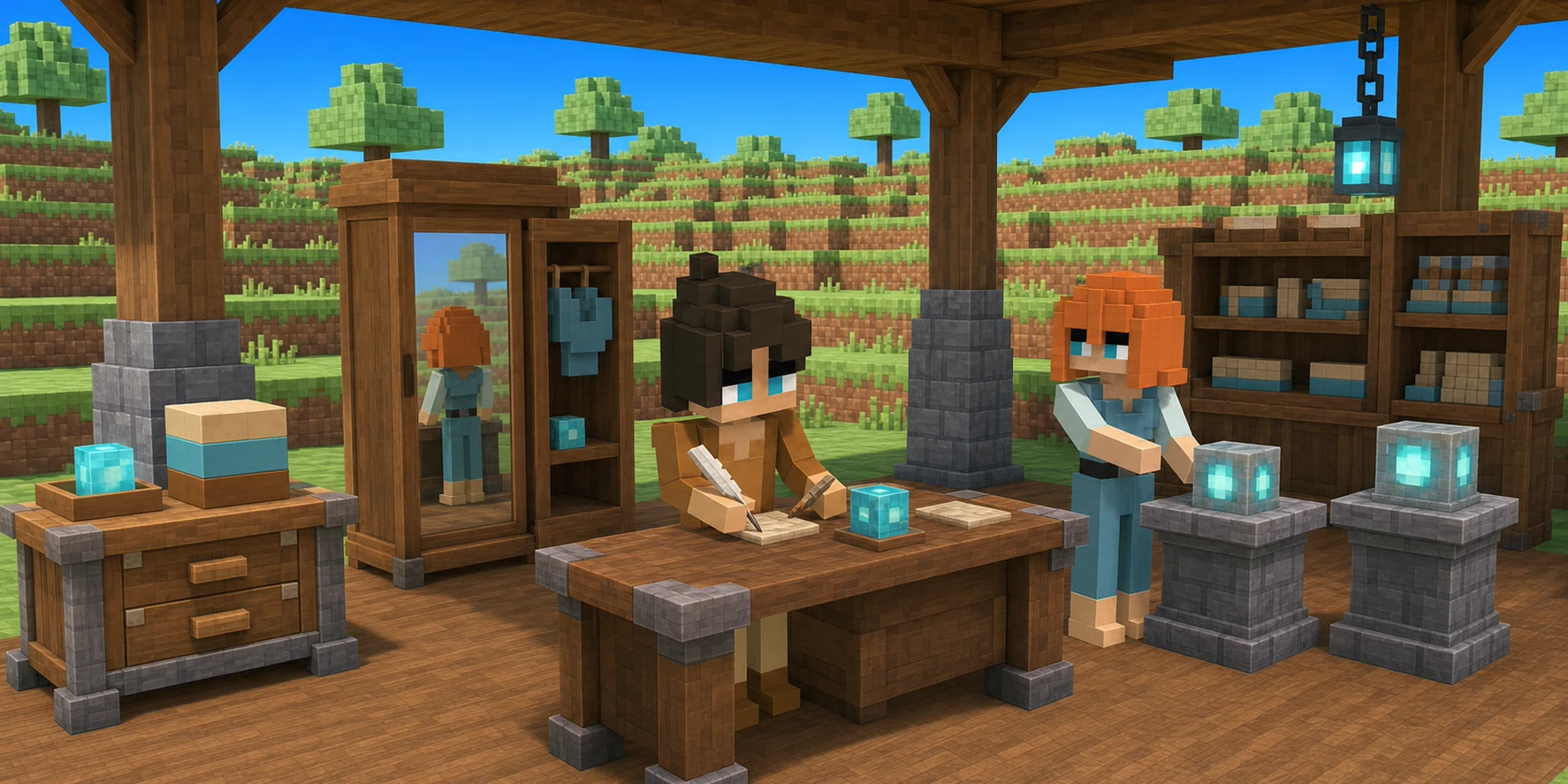 Generated voxel archive: the canonical villagers stand among a desk, mirror cabinet, separate shelves, and two cyan-topped pedestals.