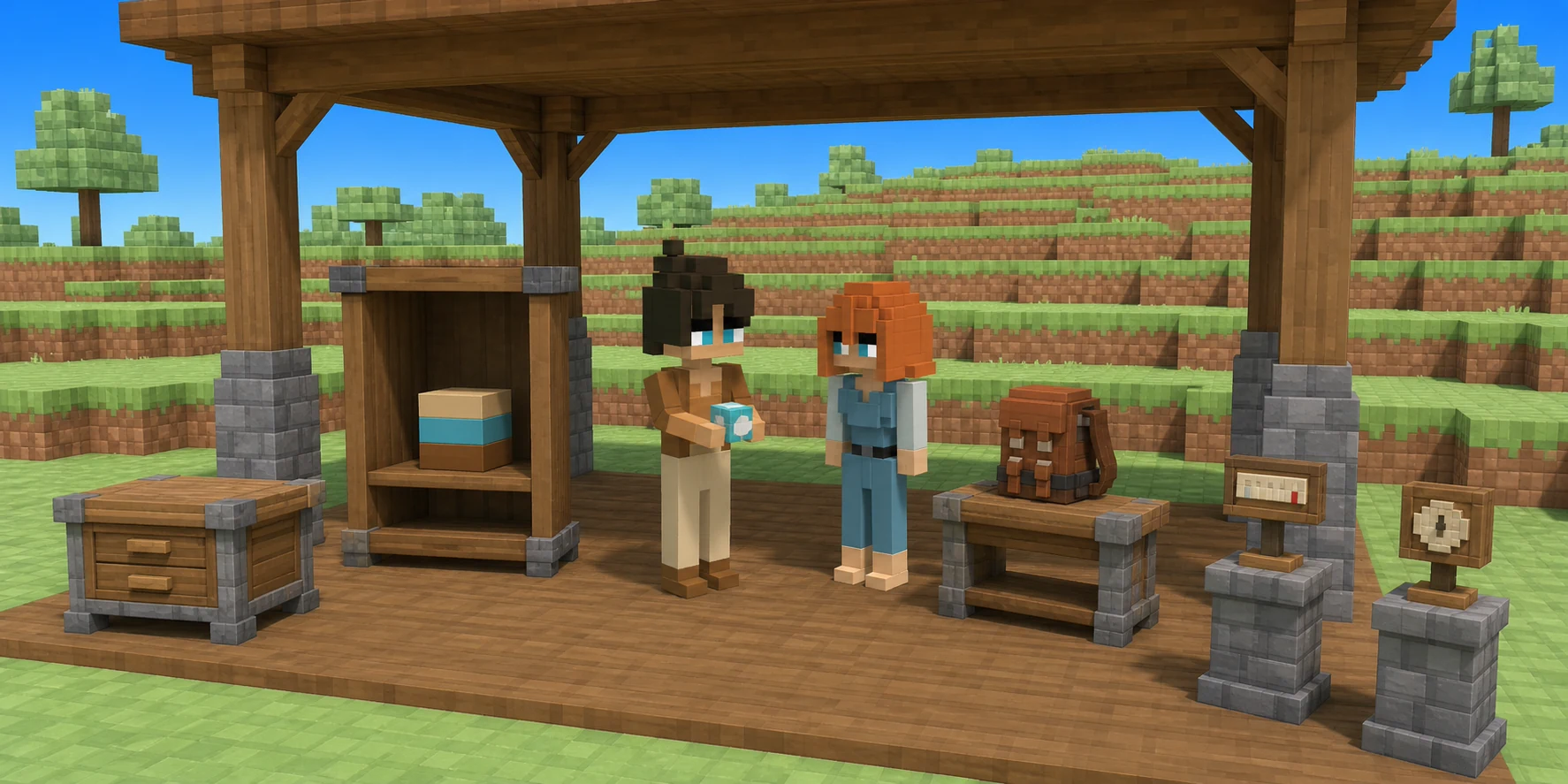 Generated voxel workshop: the canonical boy holds a cyan marker while the canonical girl compares a drawer, cabinet, Backpack, and two progress instruments.