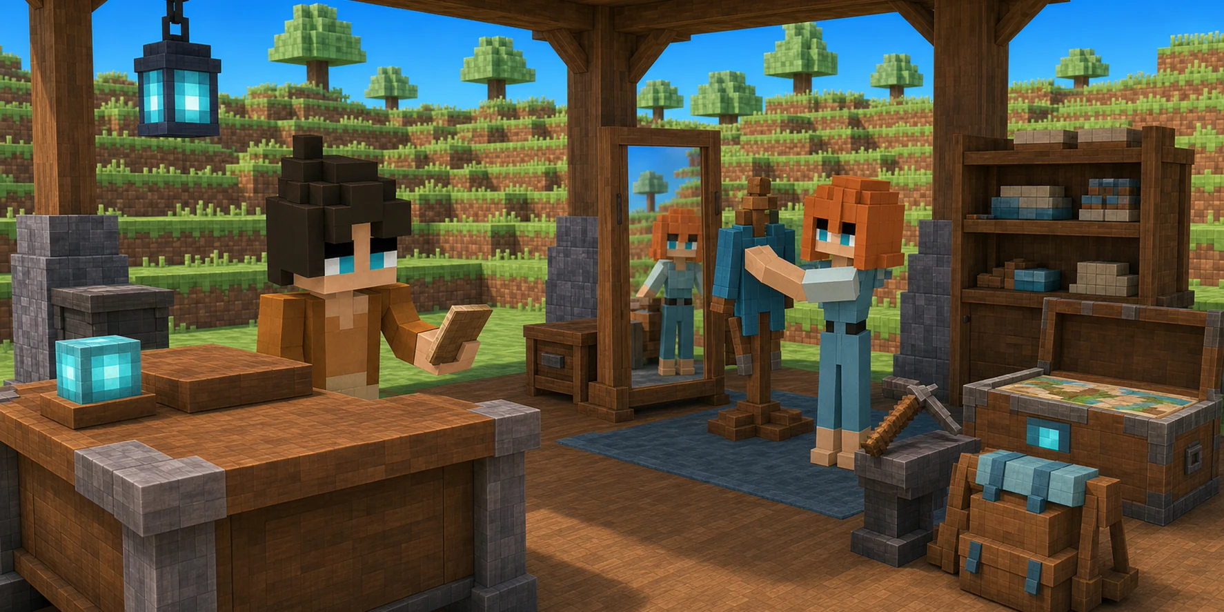Generated hillside workshop: the canonical boy holds a small ledger while the canonical girl arranges a mirror, clothes stand, Backpack, tool, and map chest.