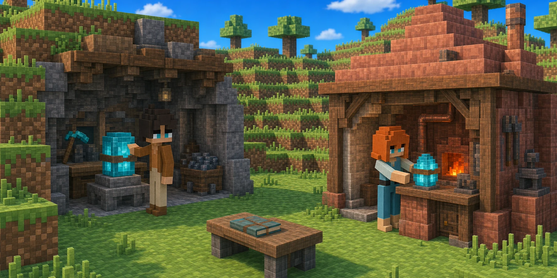 Generated grassy clearing: the canonical villagers tend separate cyan progress vessels in quarry and smelting workshops, with notebooks between them.