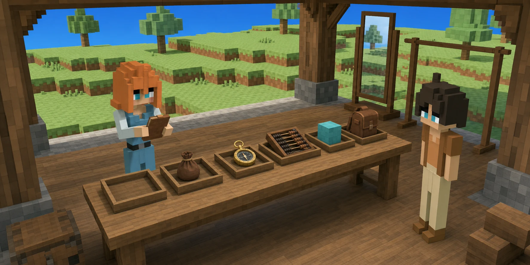 Generated records workshop: the canonical girl lifts a ledger beside separate trays of Profile-screen props while the canonical boy watches by a mirror.