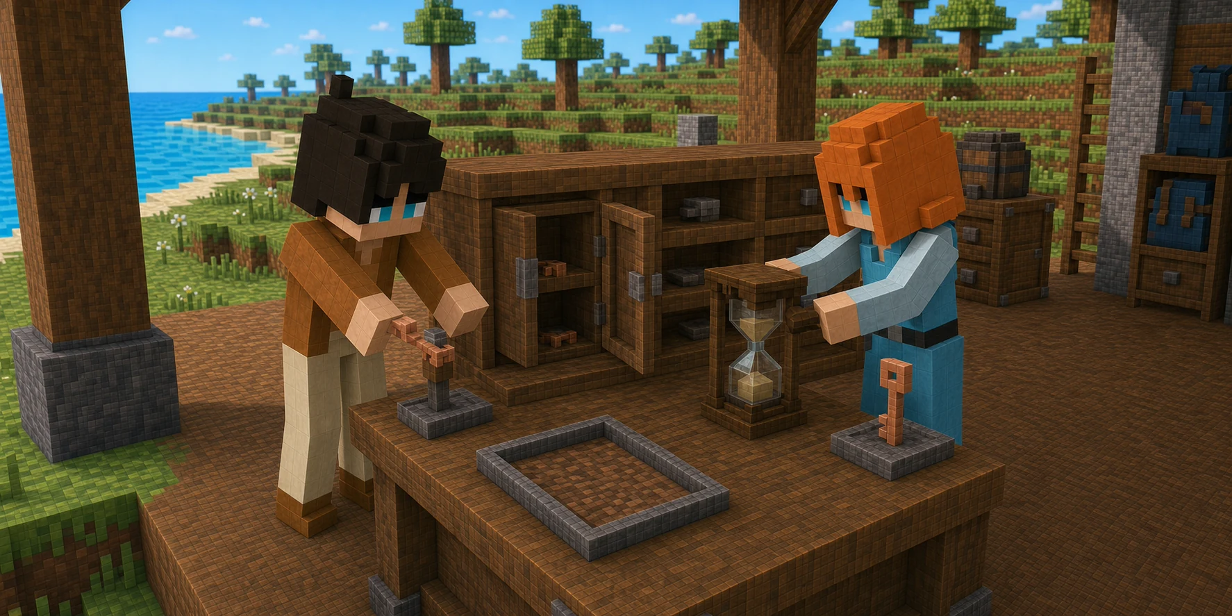 Generated NiceChunk maintenance bench where the canonical boy returns the same copper key from an open owner cubby to its fitted stone record while the canonical girl turns its hourglass, beside a different key and second record that leave the first intact.