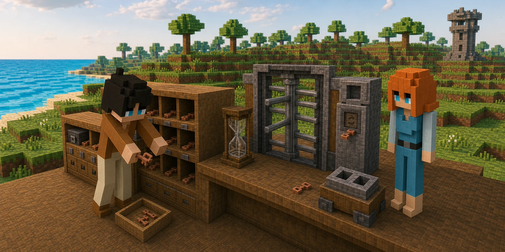 Generated NiceChunk late-afternoon waystation where the canonical boy clears copper keys from every open session cubby while a copied key and intact stone record remain elsewhere, the canonical girl checks a closed expired gate, and an unconnected Guardian tower stands far away.