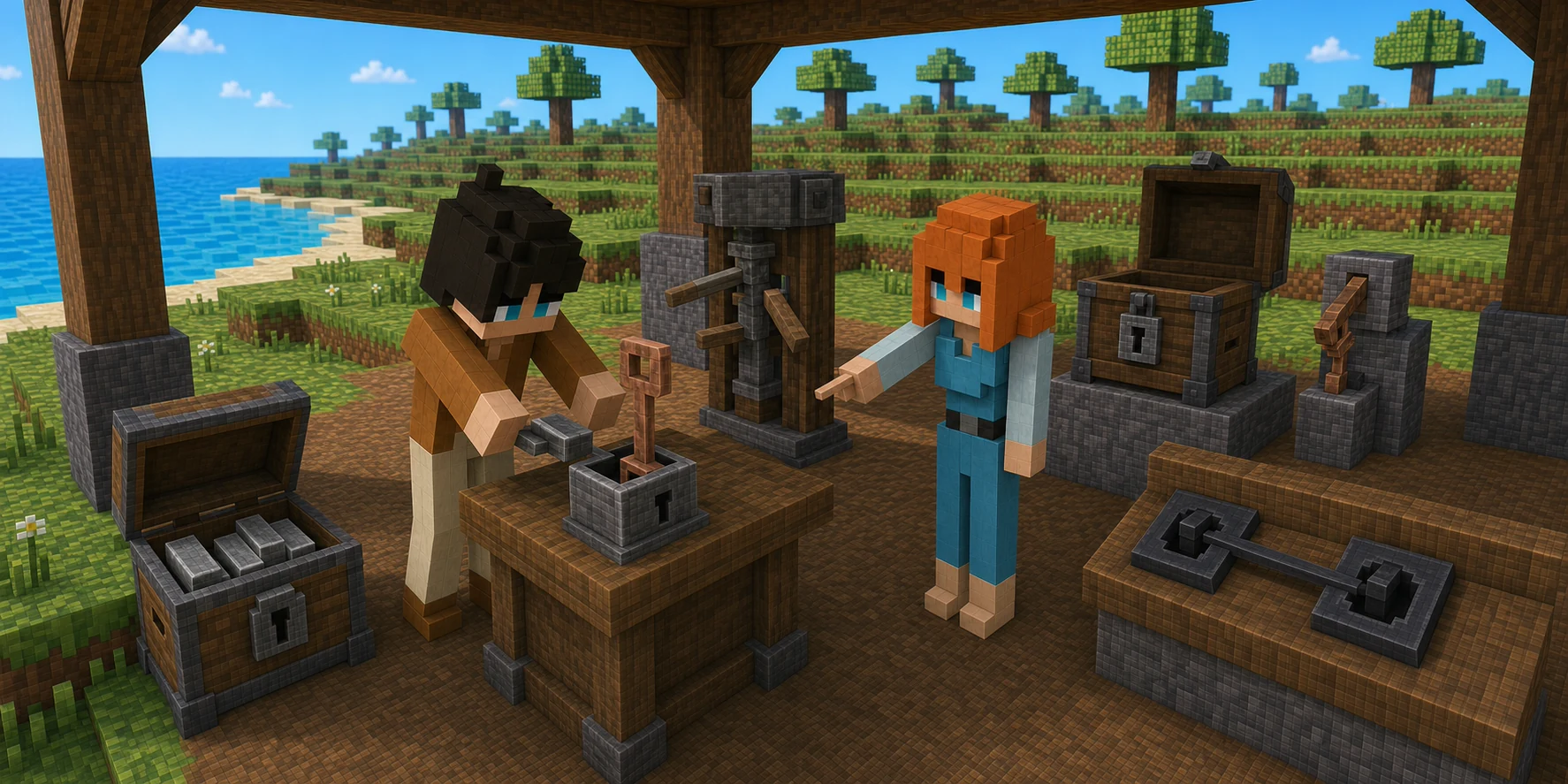 Generated NiceChunk funding bench where the canonical boy moves unmarked fee ingots from an owner chest to an exposed box attached to the copper session key, which fits both a session turnstile and ordinary supply lock, while the canonical girl warns beside a one-key dual-role fixture.