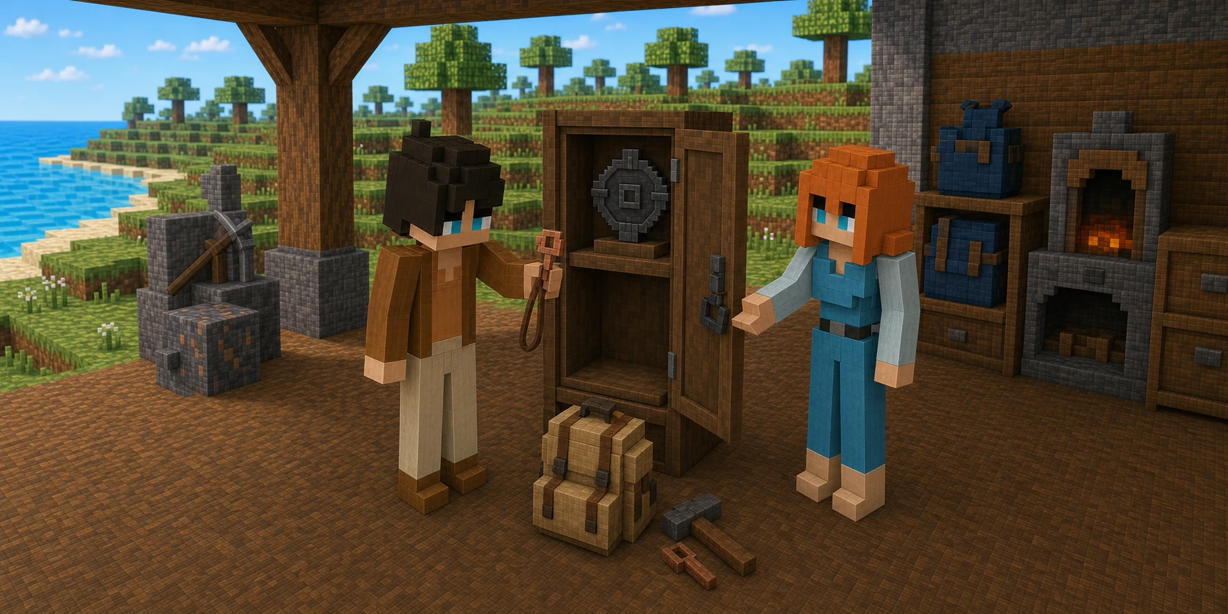 Generated NiceChunk coastal locker scene where the canonical boy keeps one durable owner seal secured above one Backpack while holding a separate copper working key, and the canonical girl points to the single player's work area without receiving either key.