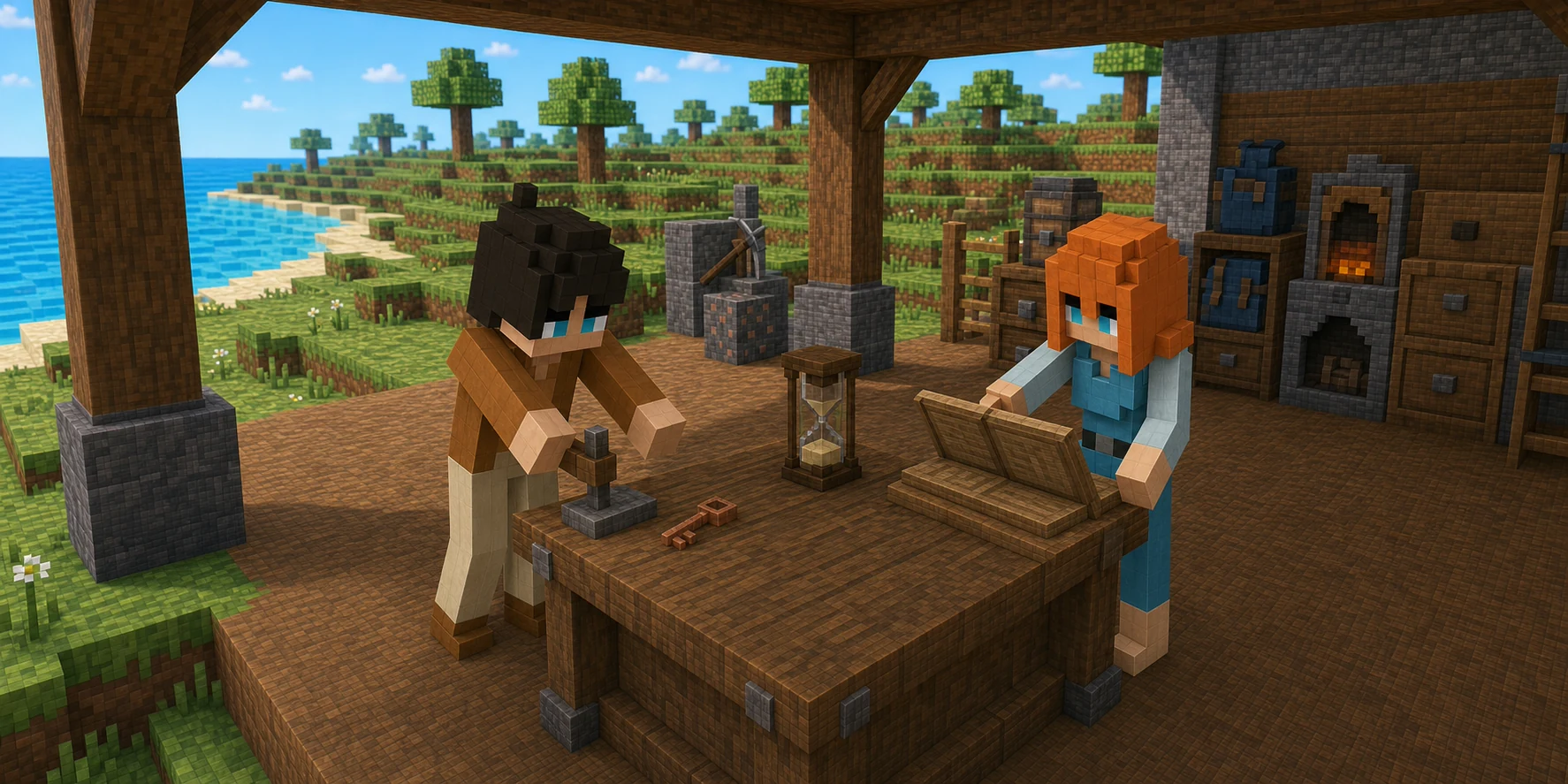 Generated NiceChunk coastal authorization waystation where the canonical black-haired villager boy uses a durable owner seal beside a separate copper session key while the canonical orange-haired villager girl checks an hourglass and blank stone ledger.