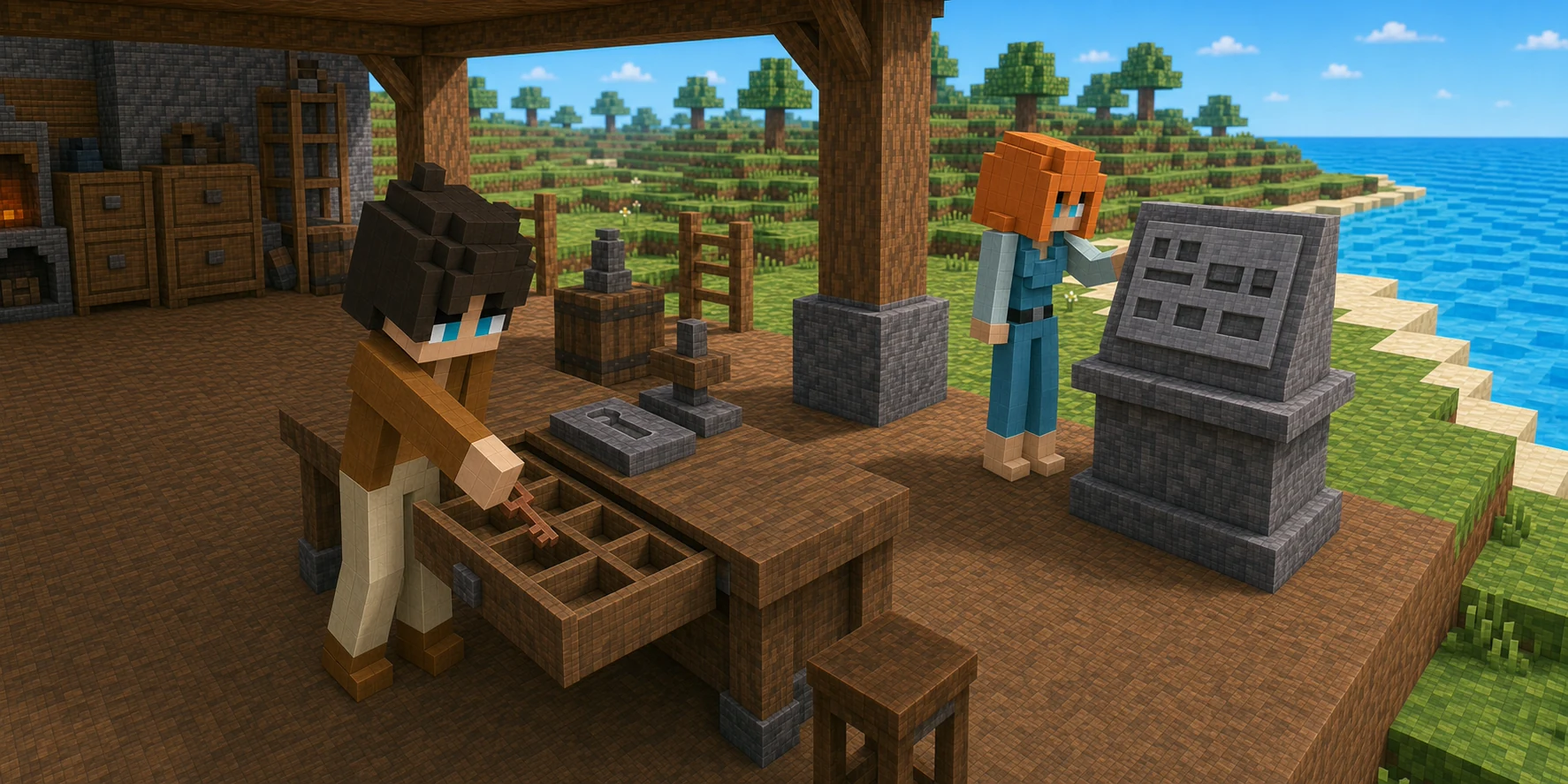 Generated NiceChunk archive scene where the canonical boy places the copper session key into an open unlatched wooden storage drawer while the canonical girl inspects a separate public stone record whose fitted recesses contain no private key.