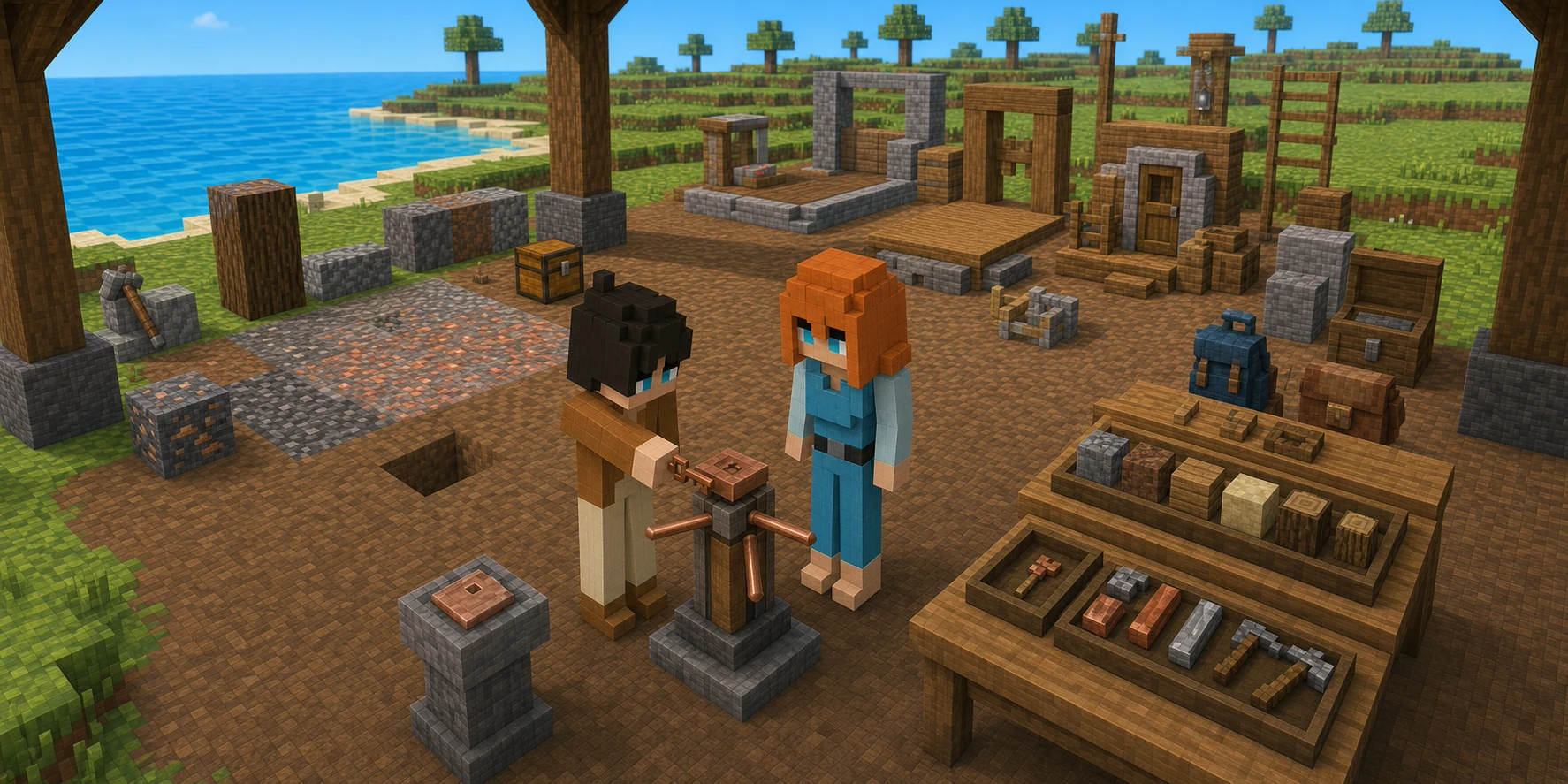Generated NiceChunk courtyard where the canonical boy uses one copper key at a central turnstile opening toward connected quarry, construction, and mixed Backpack sorting areas while the canonical girl surveys an unused second placement socket.