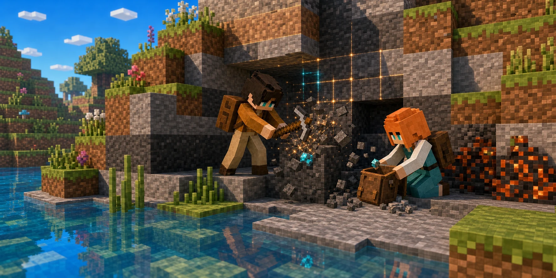The canonical villager boy mines a layered stone face beside clear voxel water while the villager girl receives ordinary fragments and a small cyan rare resource near an open backpack.