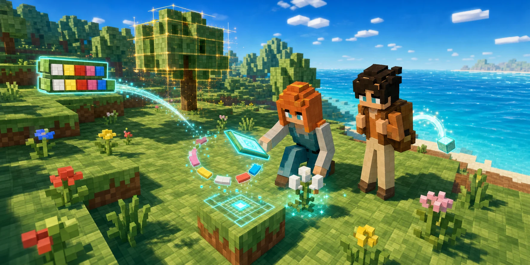 The NiceChunk villager girl scans a cotton plant with a glowing rule tablet while the villager boy receives a reward cube; colored rule rows, a highlighted grass top face, and a separate tree volume visualize the PDA flow.
