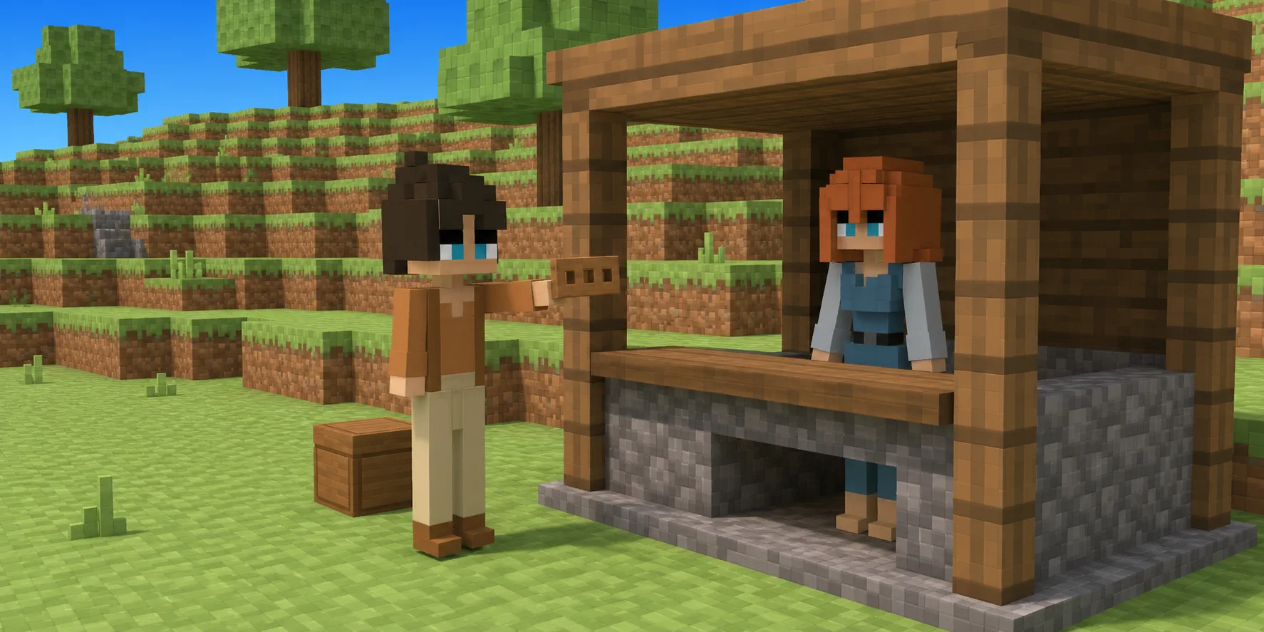 In a teaching scene generated from the canonical villagers and a real Chunk.js hillside reference, the boy shows one cutout wooden tile at an open shelter counter while one closed box remains behind him and the girl watches with empty hands.