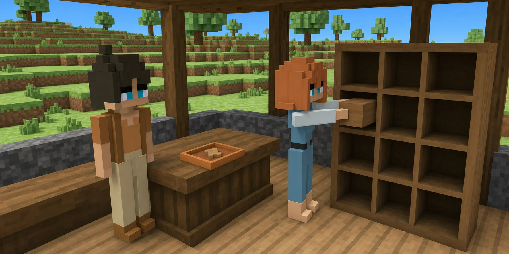 In a teaching scene generated from the canonical villagers and a real Chunk.js hillside reference, the girl places one plain wooden record box into an ordinary open cubby cabinet while the boy watches and one used shaped tile rests in a shallow tray.