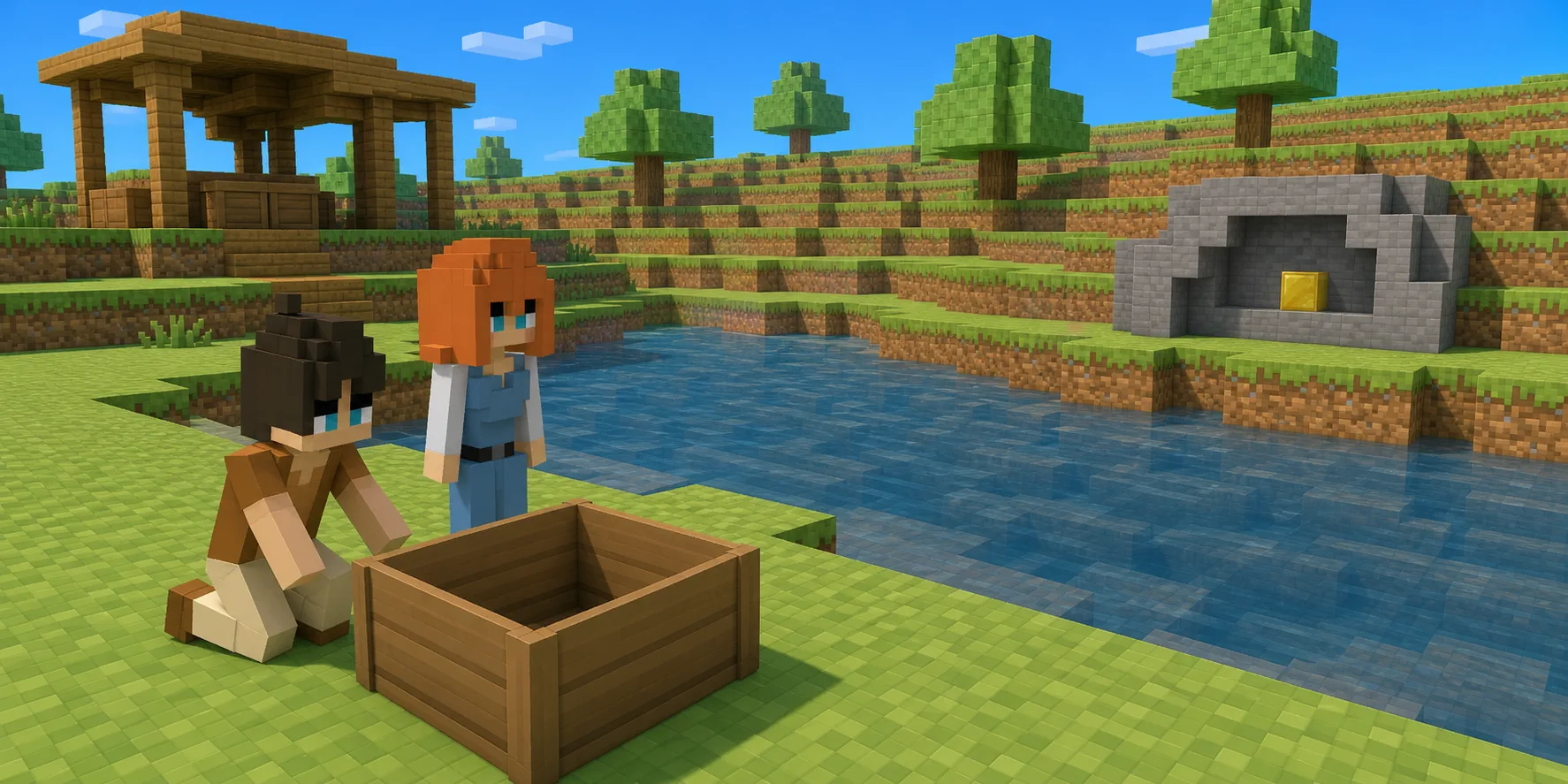 In a teaching scene generated from the canonical villagers and a real Chunk.js hillside reference, the boy and girl inspect one completely empty wooden bin on the near bank while one gold-colored voxel remains embedded in stone across the water.