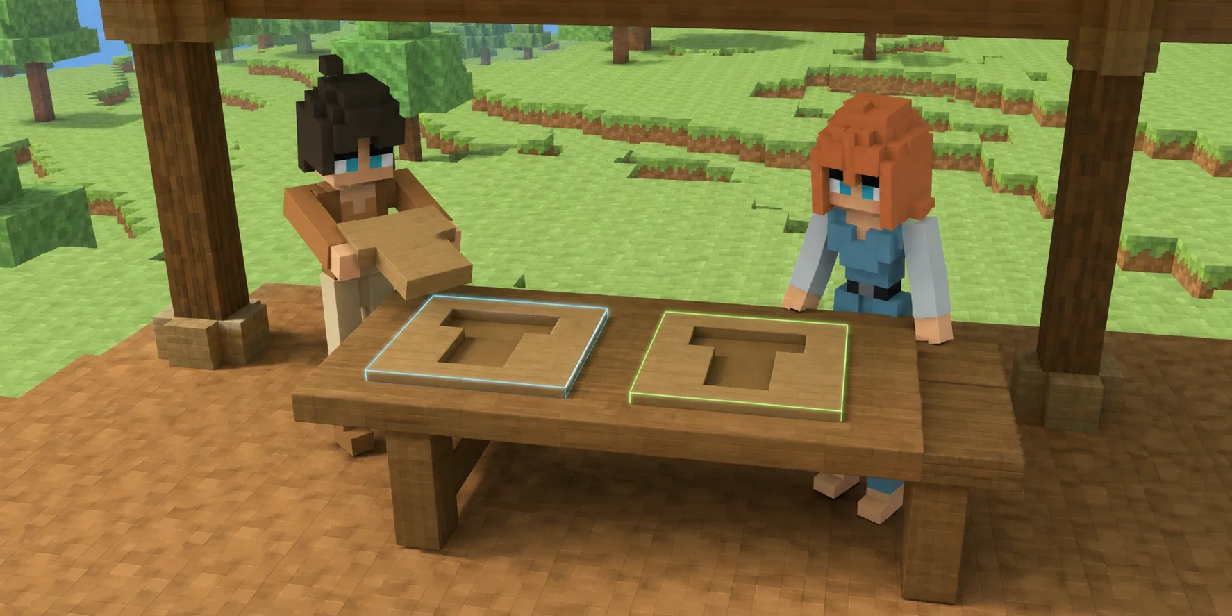 In a teaching scene generated from the canonical villagers and a real Chunk.js hillside reference, the boy holds one solid T-shaped wooden tile above the first of two identical T-shaped cutout plates, while the girl checks the second plate at the same bench; the first rim is cyan and the second is green.