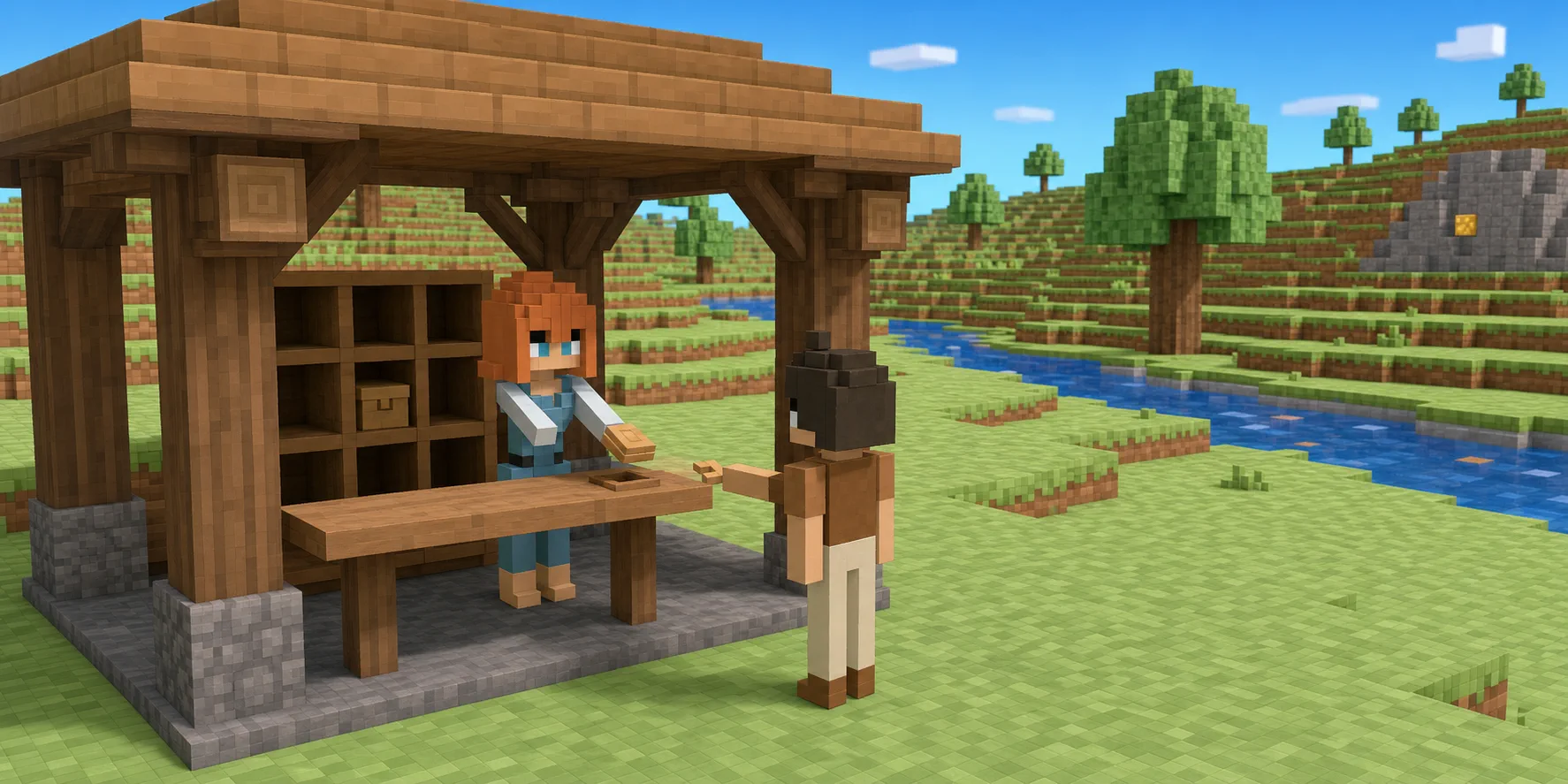 In a teaching scene generated from the canonical NiceChunk villagers and a real Chunk.js hillside reference, the boy offers plain shaped pieces at an open registration shelter, the girl compares them beside a cubby record, and one gold-colored voxel remains embedded across the stream.