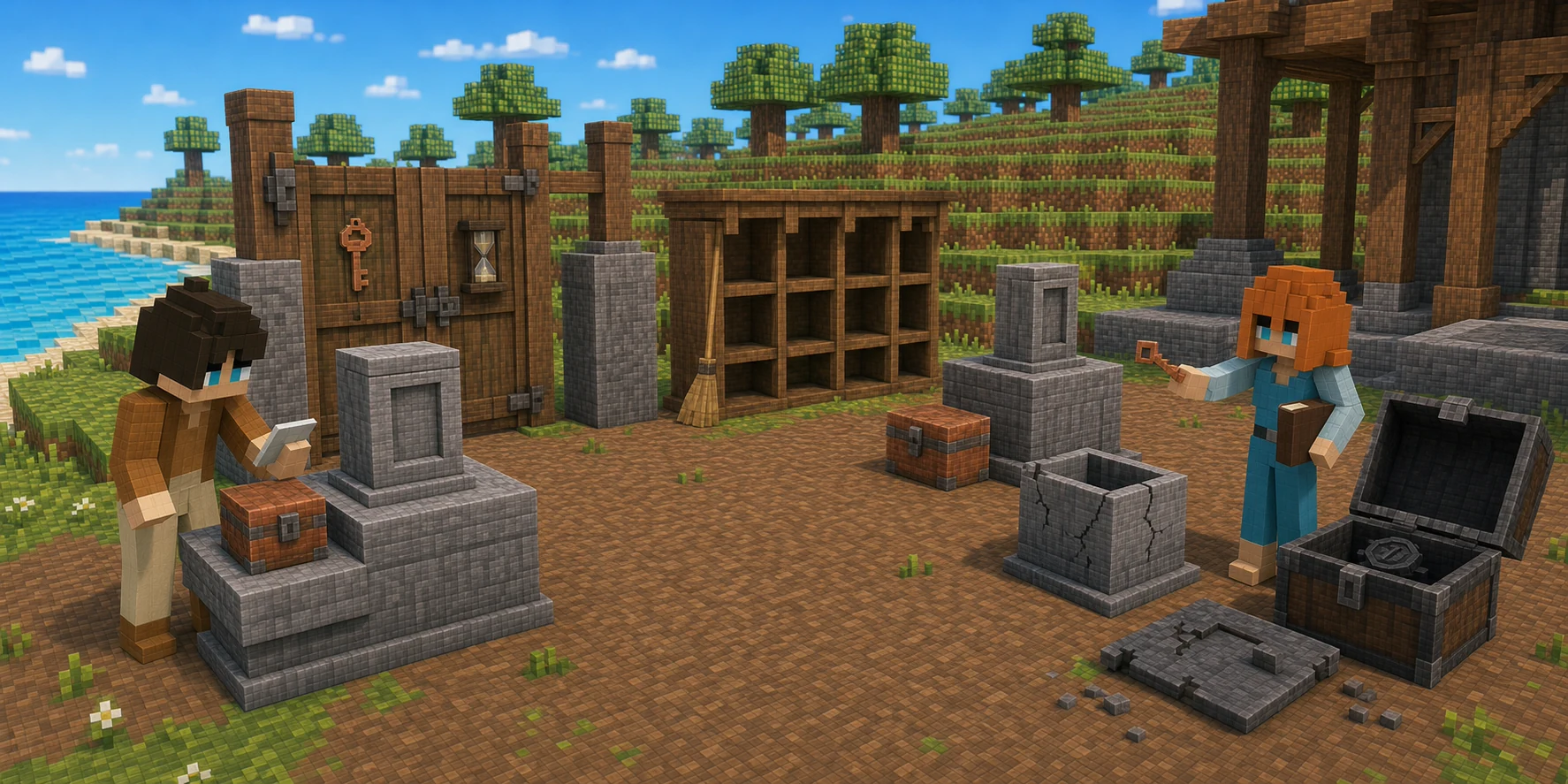 Canonical NiceChunk villager boy checks a pale receipt beside intact stone records and copper boxes while the canonical villager girl keeps a new copper key and closed backup book near a cracked cradle, swept empty cubbies, a closed gate with hourglass, and an exposed dark chest.