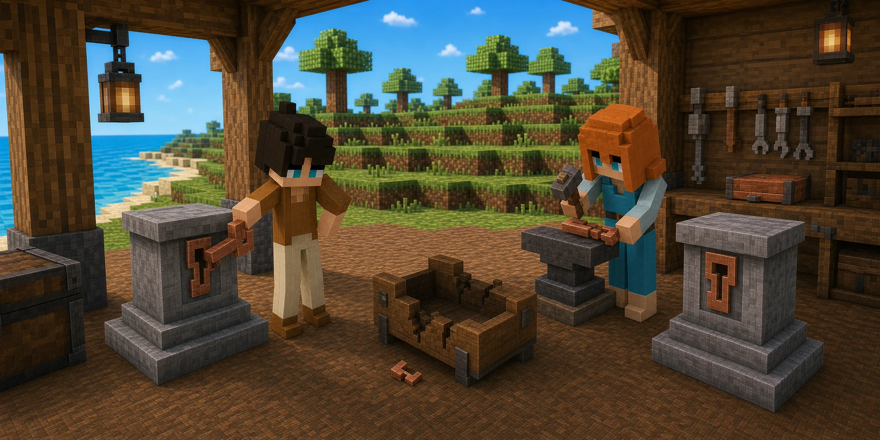Canonical NiceChunk villager boy returns an intact copper key to the recess of a standing gray plinth while the canonical villager girl hammers a differently shaped copper key beside a second plinth; a cracked empty wooden cradle and fragment sit between them.