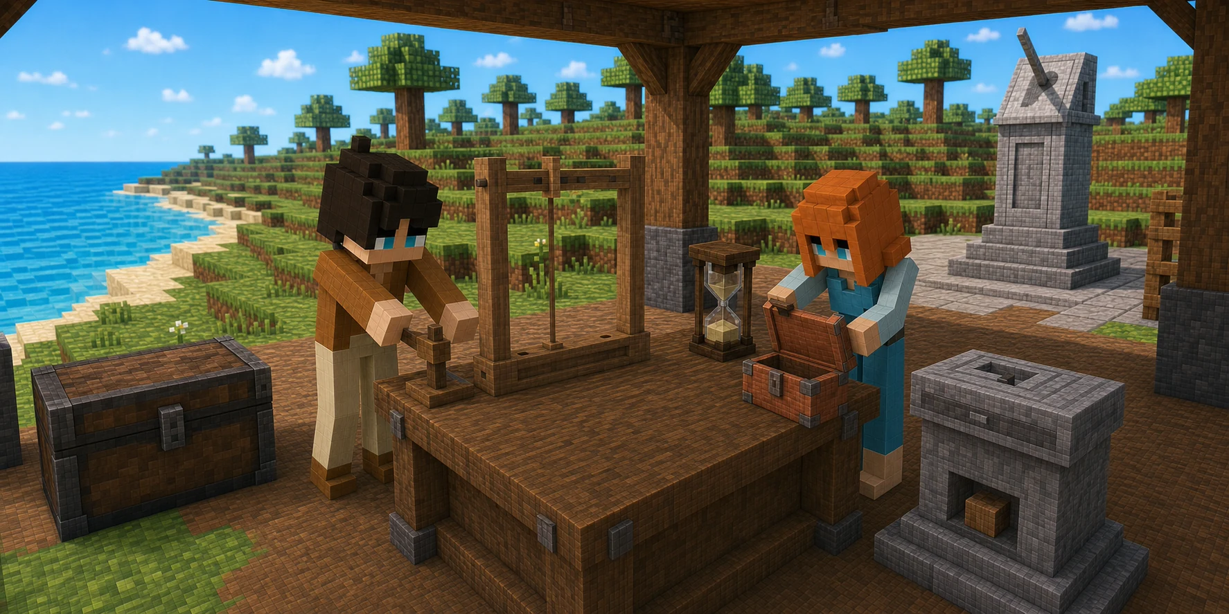 Canonical NiceChunk villager boy turns an empty wooden target peg beside a closed dark owner chest while the canonical villager girl opens a smaller copper fee box; a stone record plinth, local hourglass, and public sundial remain physically separate in the same coastal waystation.