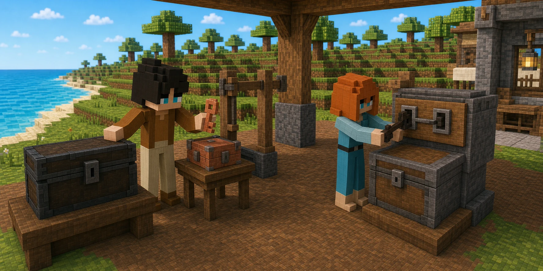 Canonical NiceChunk villager boy stands beside a large dark chest while holding a separate copper key above its own small copper box; the canonical villager girl holds one dark key bar against two recesses on a connected stone-and-timber fixture above a larger chest.