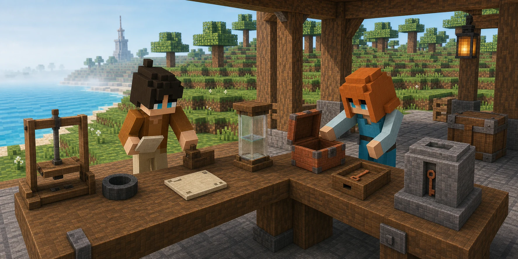 Canonical NiceChunk villagers inspect an unmarked target frame, dark ring seal, blank receipt tile, dusty glass vessel, open copper box, wooden key tray, and gray key-recess plinth across one bench, with an untouched refill crate and misty signal tower beyond.