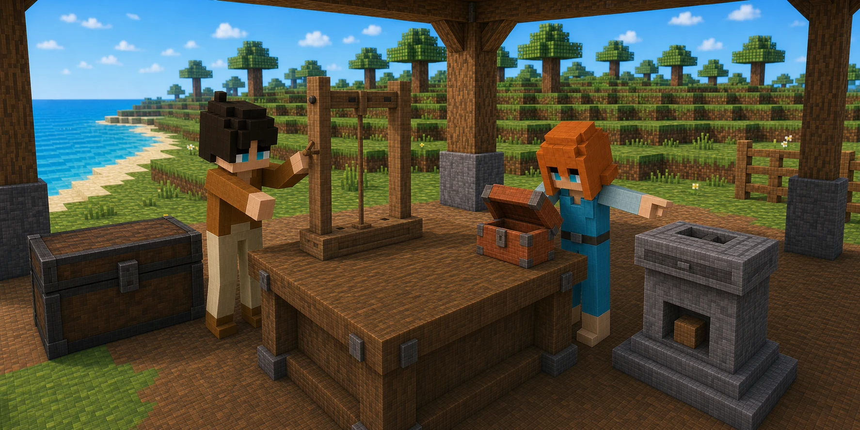 Canonical NiceChunk villager boy adjusts an unmarked wooden target frame beside a large closed dark chest while the canonical villager girl opens a smaller copper box and points toward a detached gray stone record plinth with its own foundation recess.