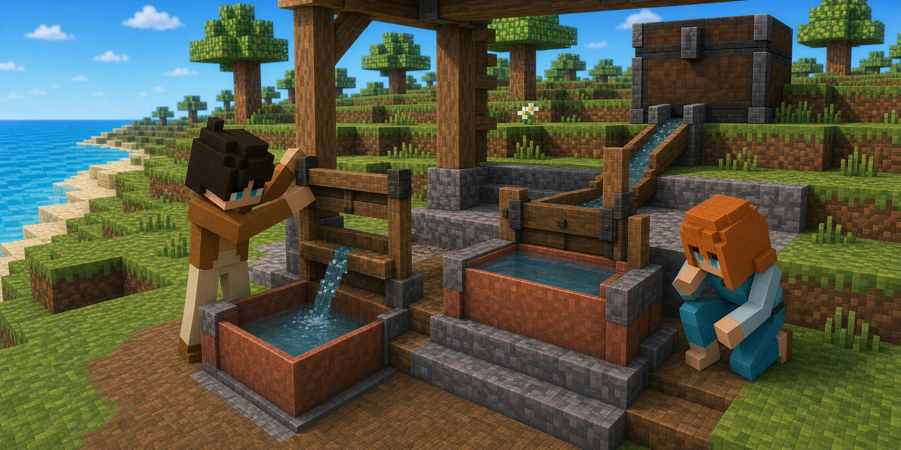 Canonical NiceChunk villager boy lifts a timber sluice above water entering one copper-lined basin while the canonical villager girl examines a separate fuller basin beneath an uphill dark reservoir and a second open trough in the same coastal refill station.