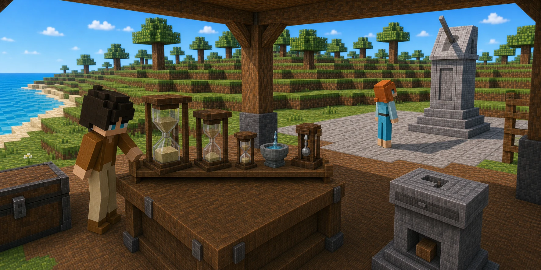 Canonical NiceChunk villager boy inspects a rack containing three differently sized hourglasses, a water-drip bowl, and a pendulum while the canonical villager girl stands apart in the public courtyard facing one large stone sundial tower.