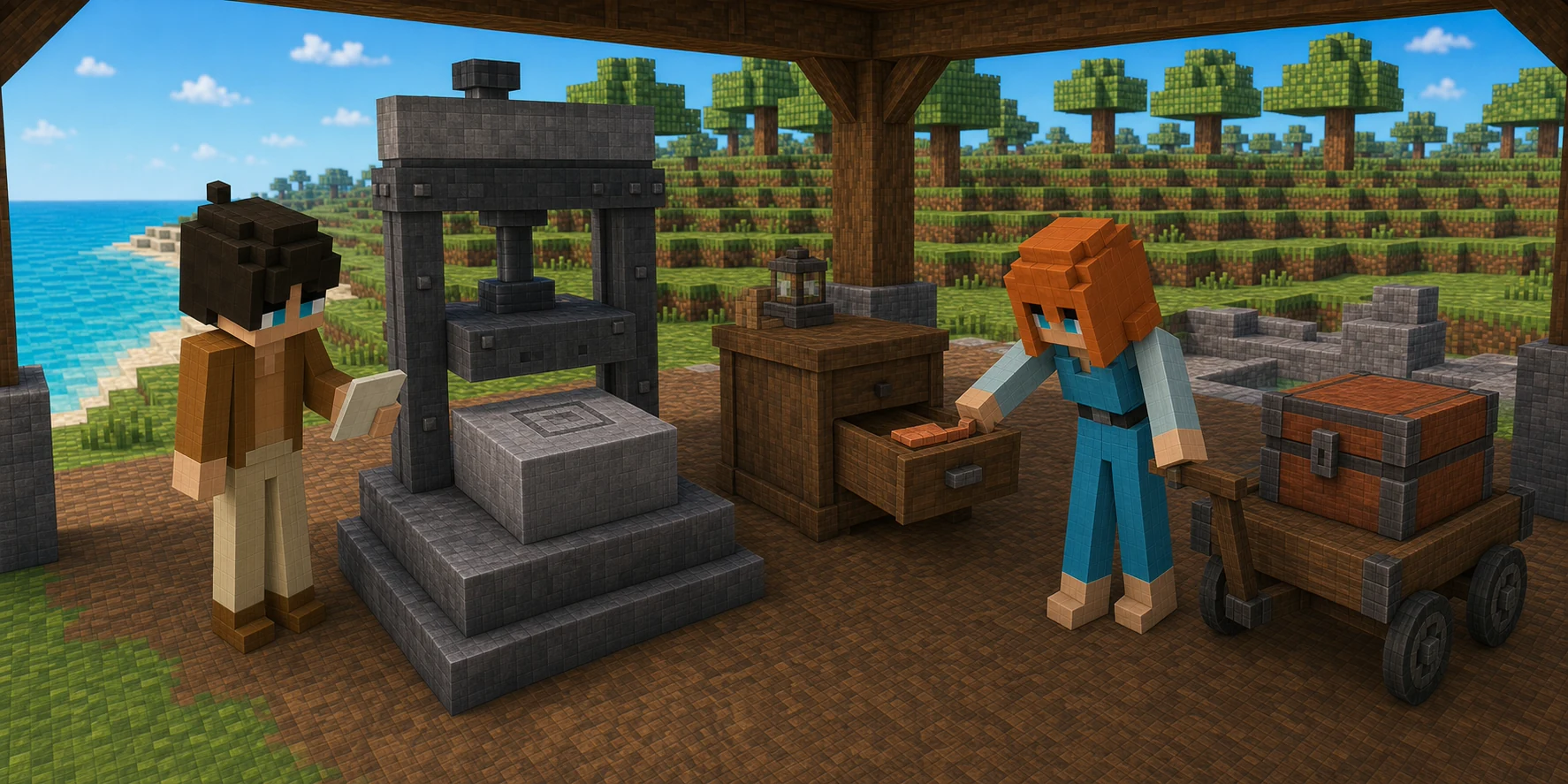 Canonical NiceChunk villager boy holds a blank pale receipt tile beside a stone-and-iron press and solid record block while the canonical villager girl pushes a copper key into a crooked half-open wooden drawer and pauses a handcart carrying a closed copper box.