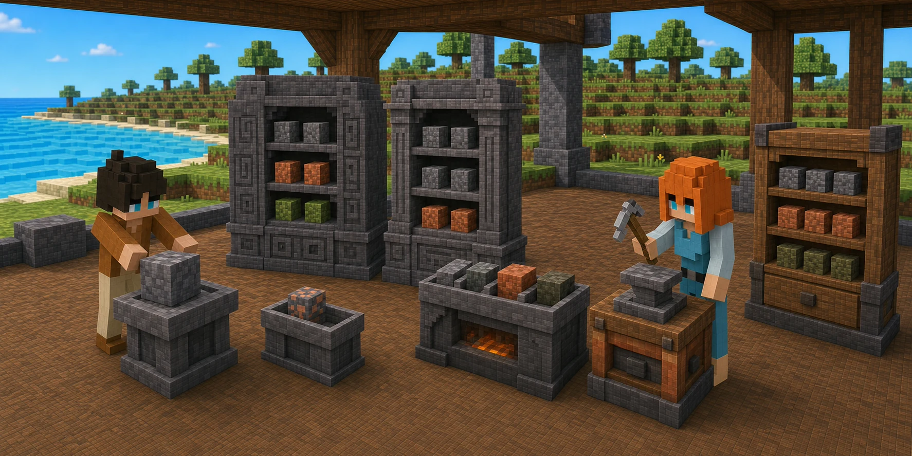 Generated NiceChunk workshop showing mining, smelting, and forging stations committing to one player skill archive.
