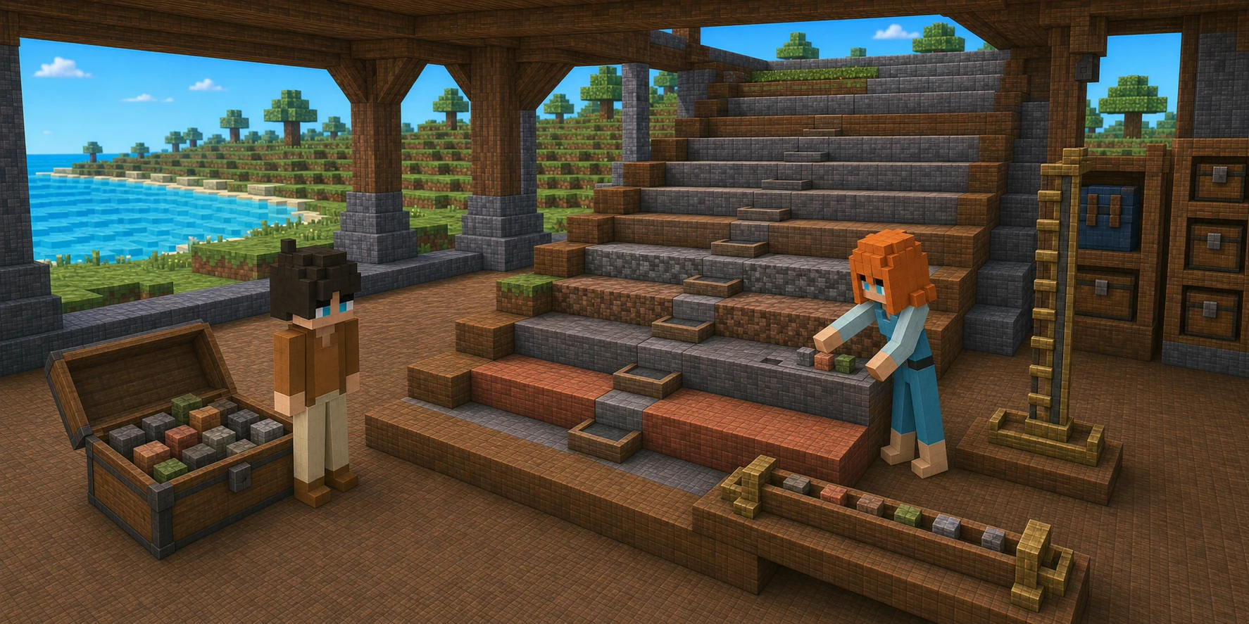 Generated NiceChunk training stair with ten cumulative milestones read from one central rule tablet.