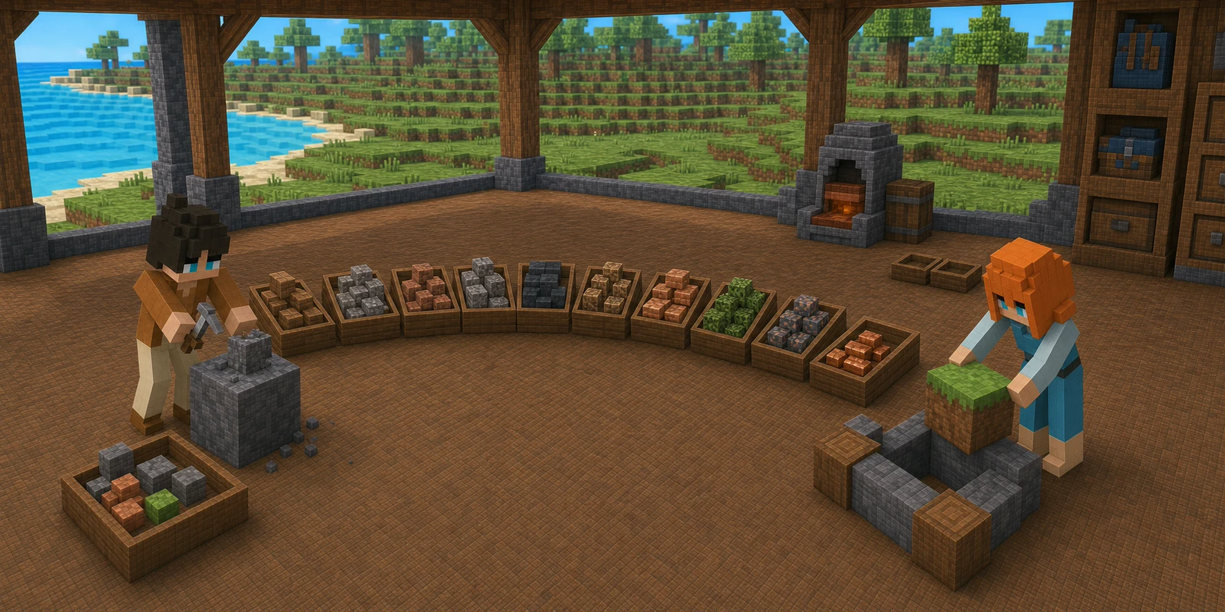 Generated NiceChunk workshop with six activity stations feeding one ten-slot stone skill archive.