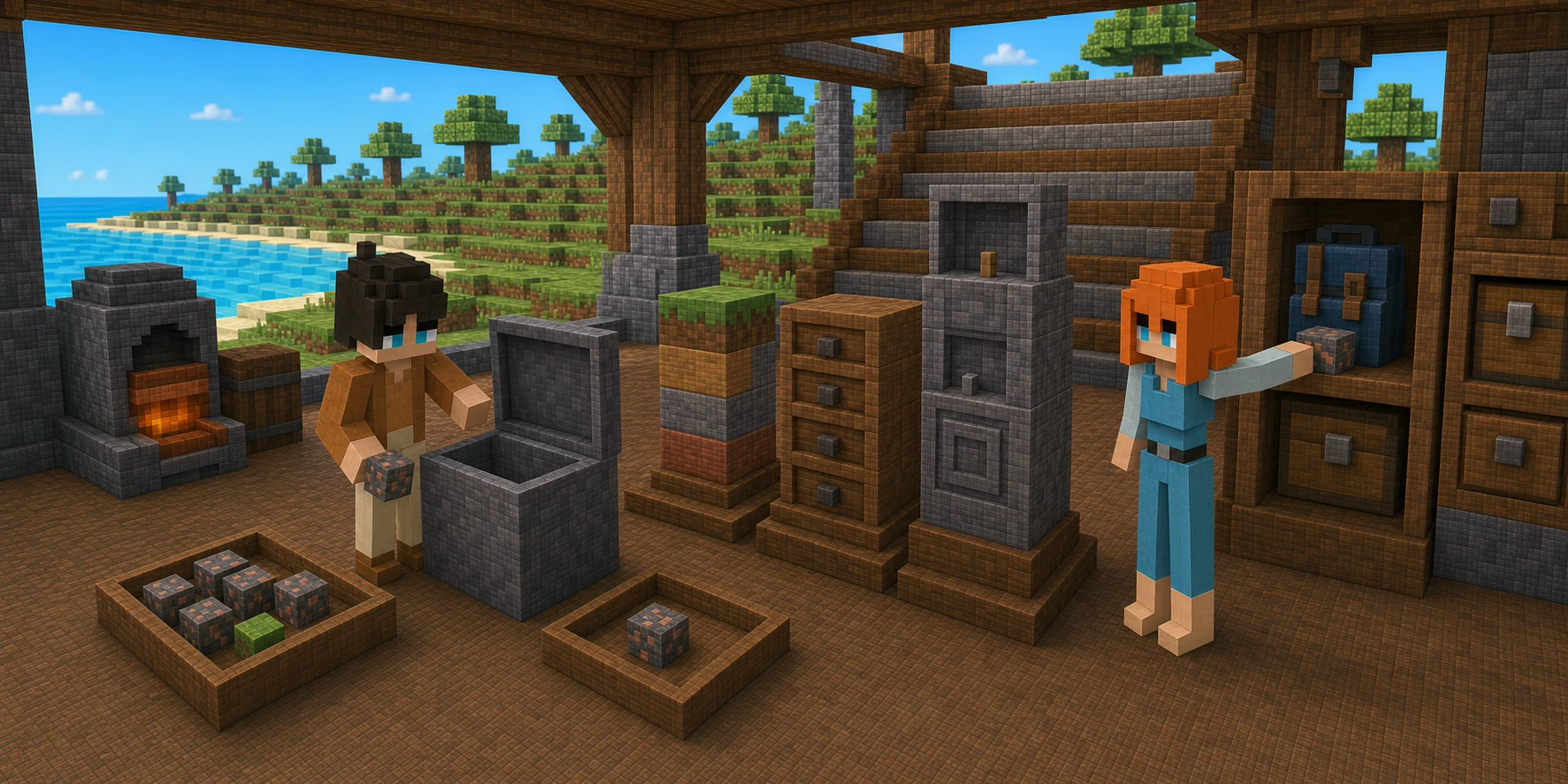Generated NiceChunk ore terrace where one mined block connects a world ledger, Backpack station, source counter, and central skill archive.