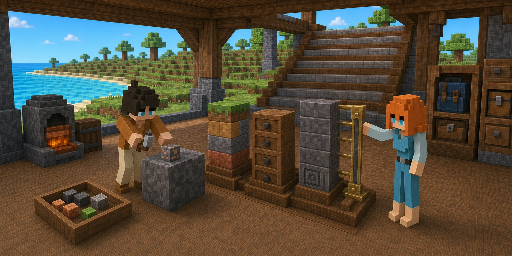 Generated NiceChunk coastal training workshop where the canonical villagers compare source activity stations with one central stone skill ledger and a ten-step progression stair.