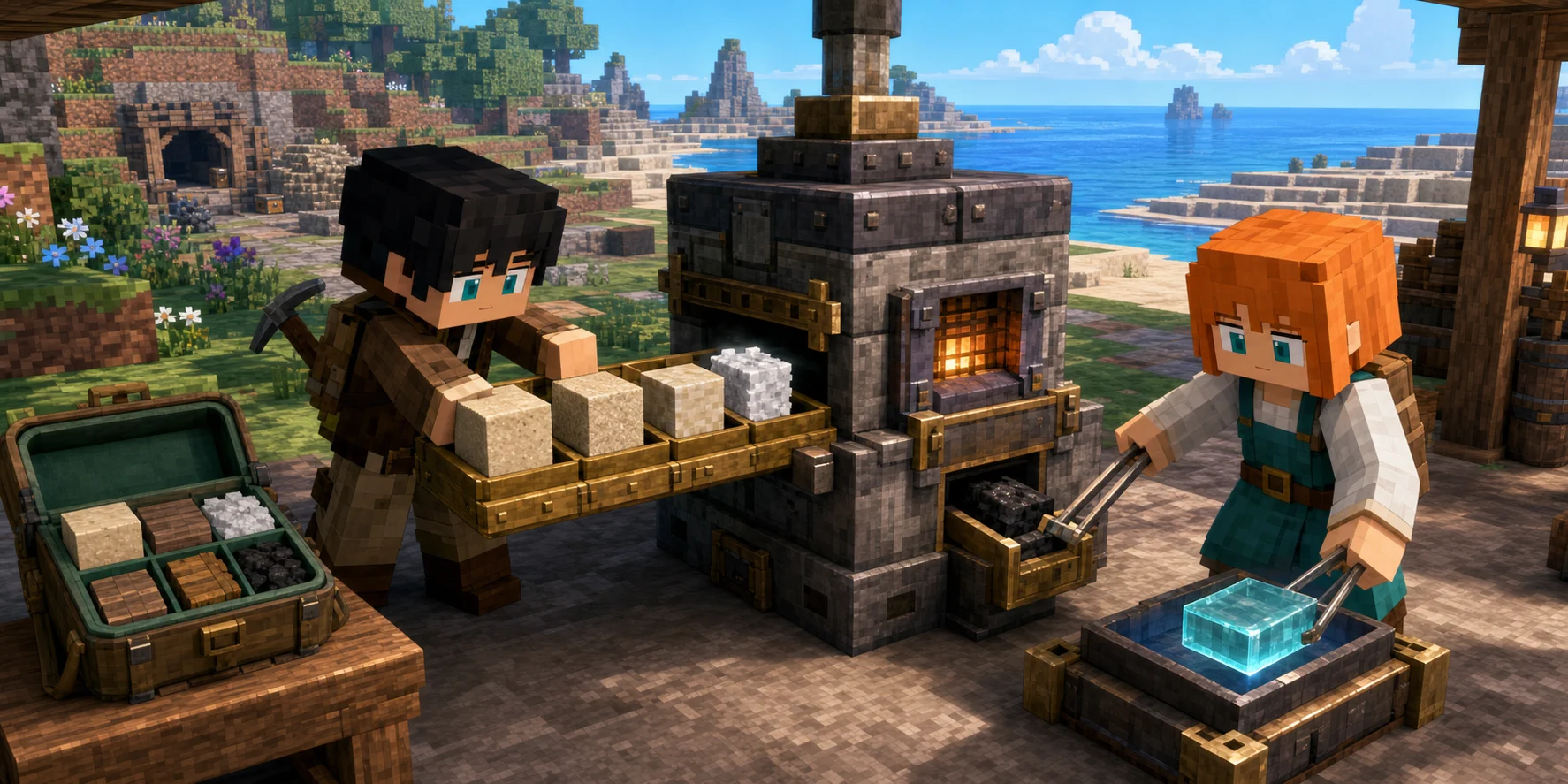 In one game-anime coastal smelting mission, the canonical black-haired villager boy loads three baked sand cubes and a salt crystal into separate grounded brass input trays while the canonical orange-haired villager girl feeds coal into a lower fuel chute and lifts a cyan glass ingot from a cooling mold; an open Backpack, mine, baked terrain, plants, and flat blue sea complete the world.