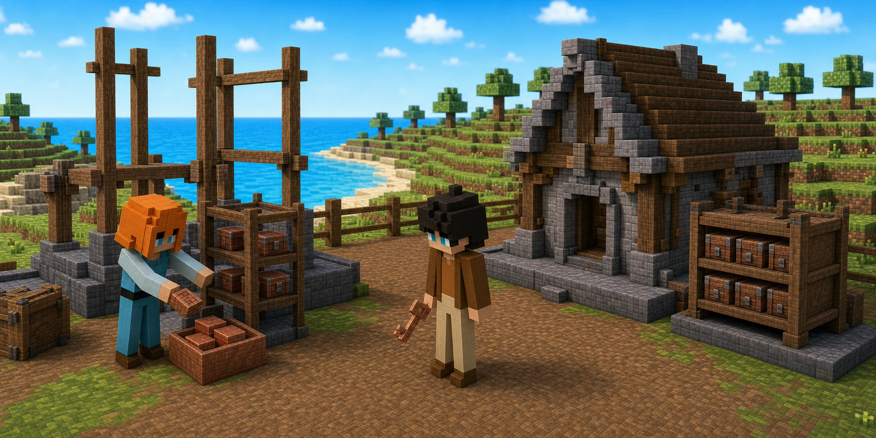 Canonical NiceChunk villager girl handles rectangular copper foundation blocks beside an unfinished timber scaffold and several shard crates while the canonical villager boy holds two separate keys between that pending work and a finished stone-and-timber cottage with a full closed storage rack.