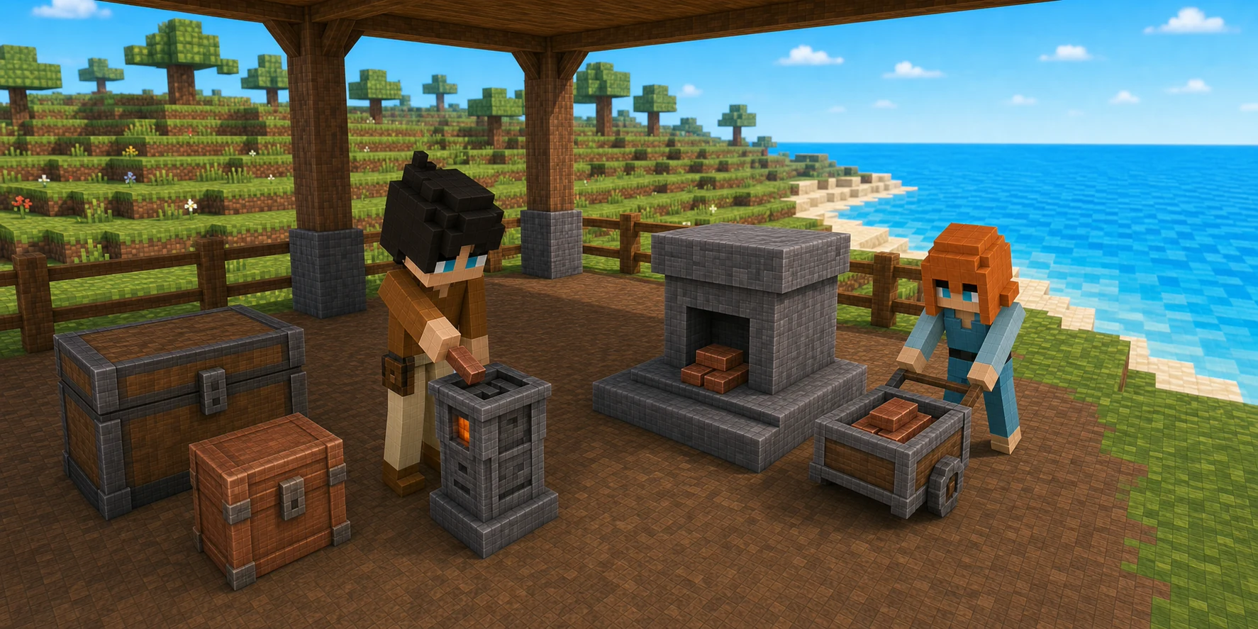 Canonical NiceChunk villager boy feeds one small rectangular copper piece into an iron fee brazier while the canonical villager girl pushes a separate cart of copper blocks toward a large stone record foundation; a dark owner chest and smaller copper box stand apart in the same real Chunk.js coastal yard.