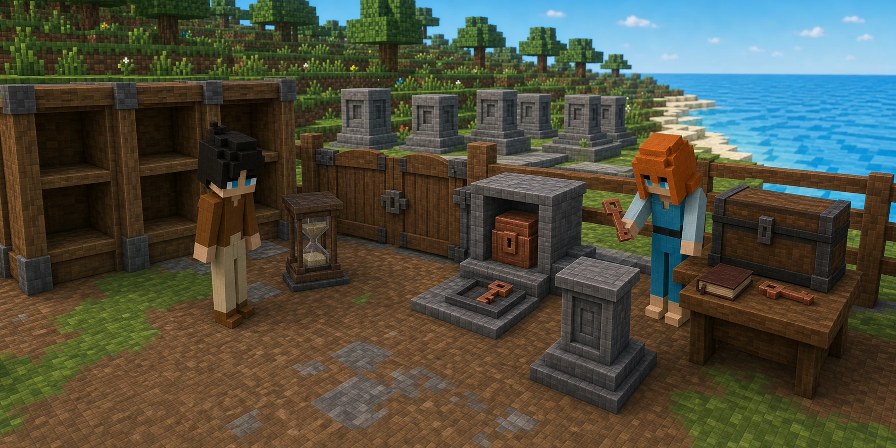 Canonical NiceChunk villager boy stands beside swept-empty wooden cubbies, a closed gate, and an hourglass while old public stone plinths remain beyond them; the canonical villager girl holds a new copper key at a separate bench with a closed owner chest, backup book, old key, new Session plinth, and locked old copper box.