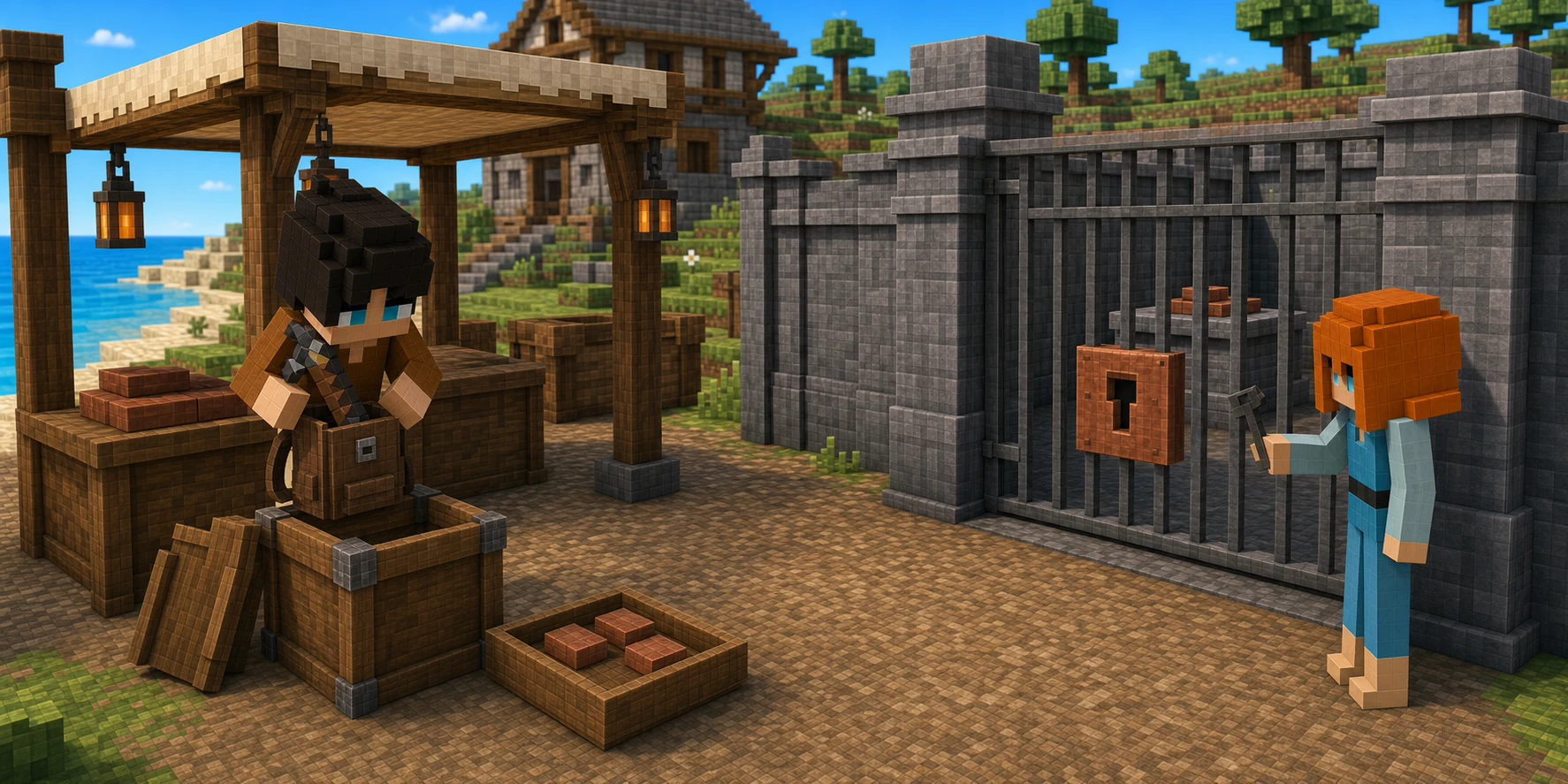 Canonical NiceChunk villager boy returns a forged tool from an opened market crate to his backpack beside a separate tray of rectangular copper blocks, while the canonical villager girl holds a small owner key outside a barred stone treasury gate whose oversized copper lock and foundation blocks remain inside.