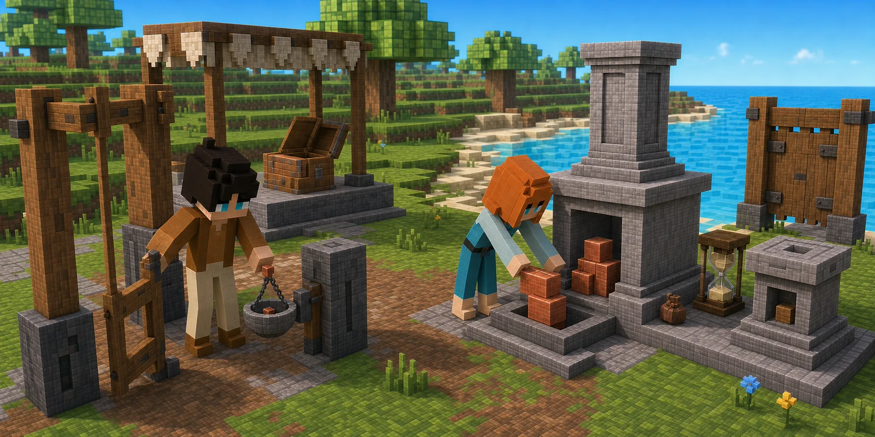 Canonical NiceChunk villager boy stands at a timber transaction gate with one rectangular copper piece suspended in a stone fee bowl while the canonical villager girl places separate copper blocks into an open stone account foundation; an owner chest, retained vaults, hourglass, and closed return compartment remain apart in a real Chunk.js coastal yard.