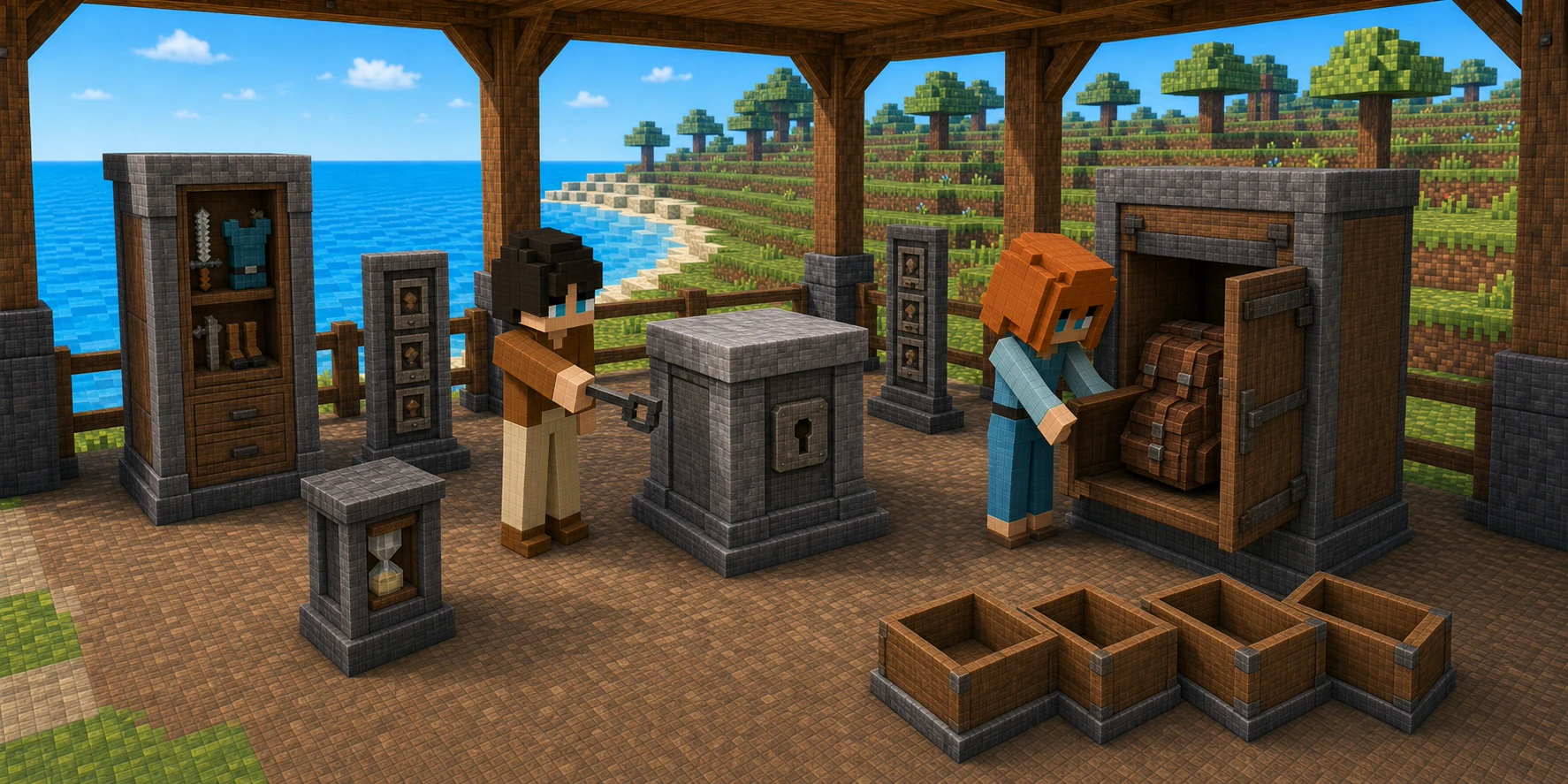 Canonical NiceChunk villager boy holds a dark owner key beside a central stone record cabinet while the canonical villager girl opens a separate anchored inventory locker containing two backpacks; an equipment cabinet, hourglass plinth, narrow index posts, and empty wooden cubbies remain distinct in a real Chunk.js coastal archive.