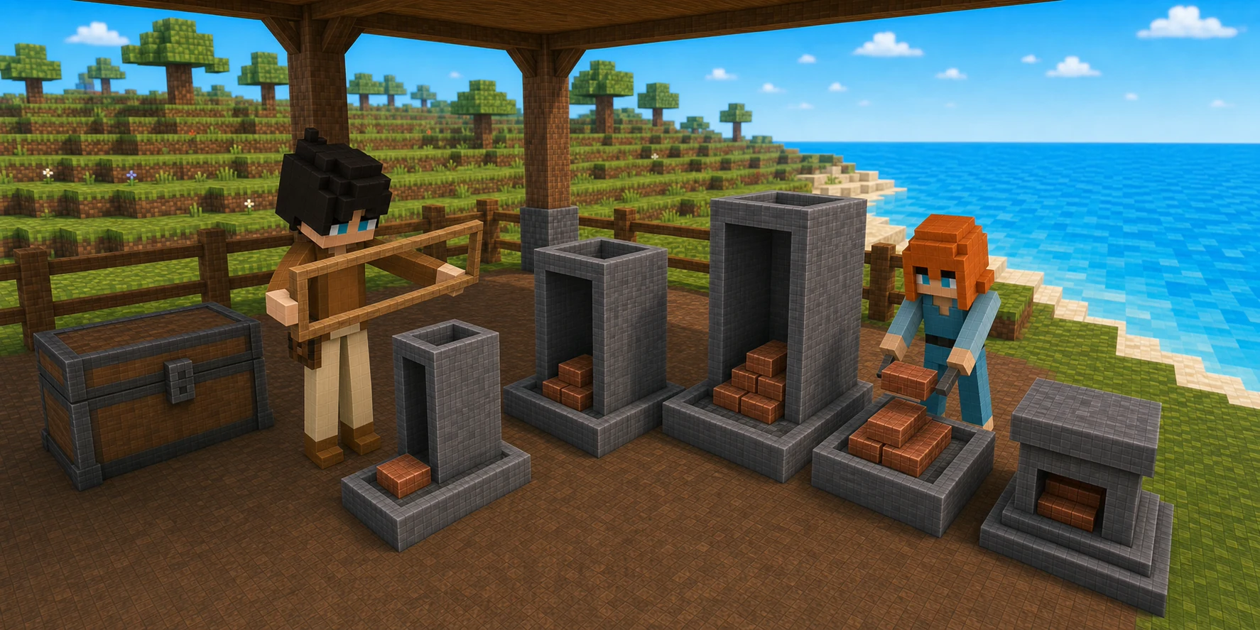 Canonical NiceChunk villager boy holds an unmarked wooden measuring frame beside three increasingly large stone record shells while the canonical villager girl sorts increasingly large stacks of rectangular copper blocks into separate foundation trays in a real Chunk.js coastal work yard.