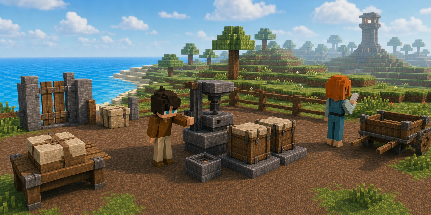 Canonical NiceChunk villager boy stands beside an open stone press, a tiny ember basin, and two unchanged record crates while the canonical villager girl studies a blank receipt tile toward a distant hazy signal tower; an untouched parcel, closed inspection gate, and waiting handcart occupy separate parts of the same coastal court.