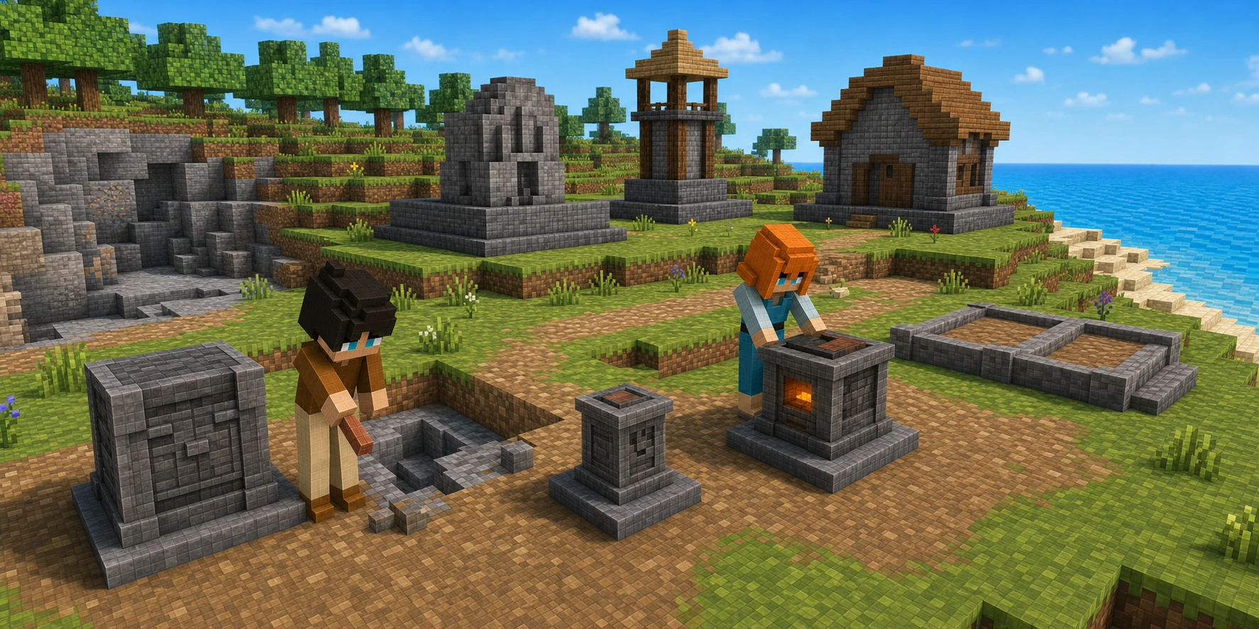 Canonical NiceChunk villager boy inspects a quarry recess beside two separate stone record plinths while the canonical villager girl works at a smelter beside protected foundation frames; a root monument, Guardian tower, and civic hall stand on distinct foundations across one real Chunk.js coastal terrace.